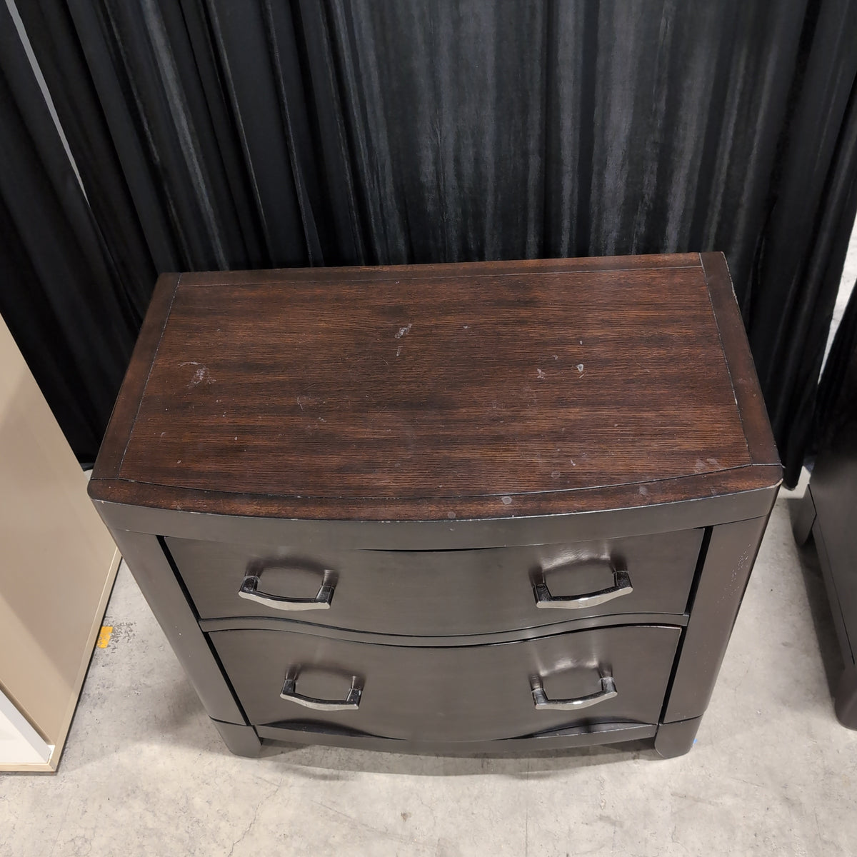 Dark Wood Two-Drawer Nightstand with Curved Front