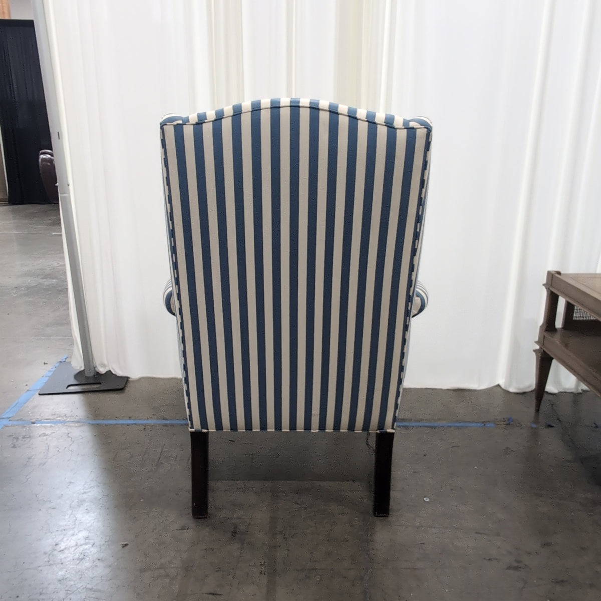Upholstered Blue and White Striped Wingback Chair with Cabriole Legs