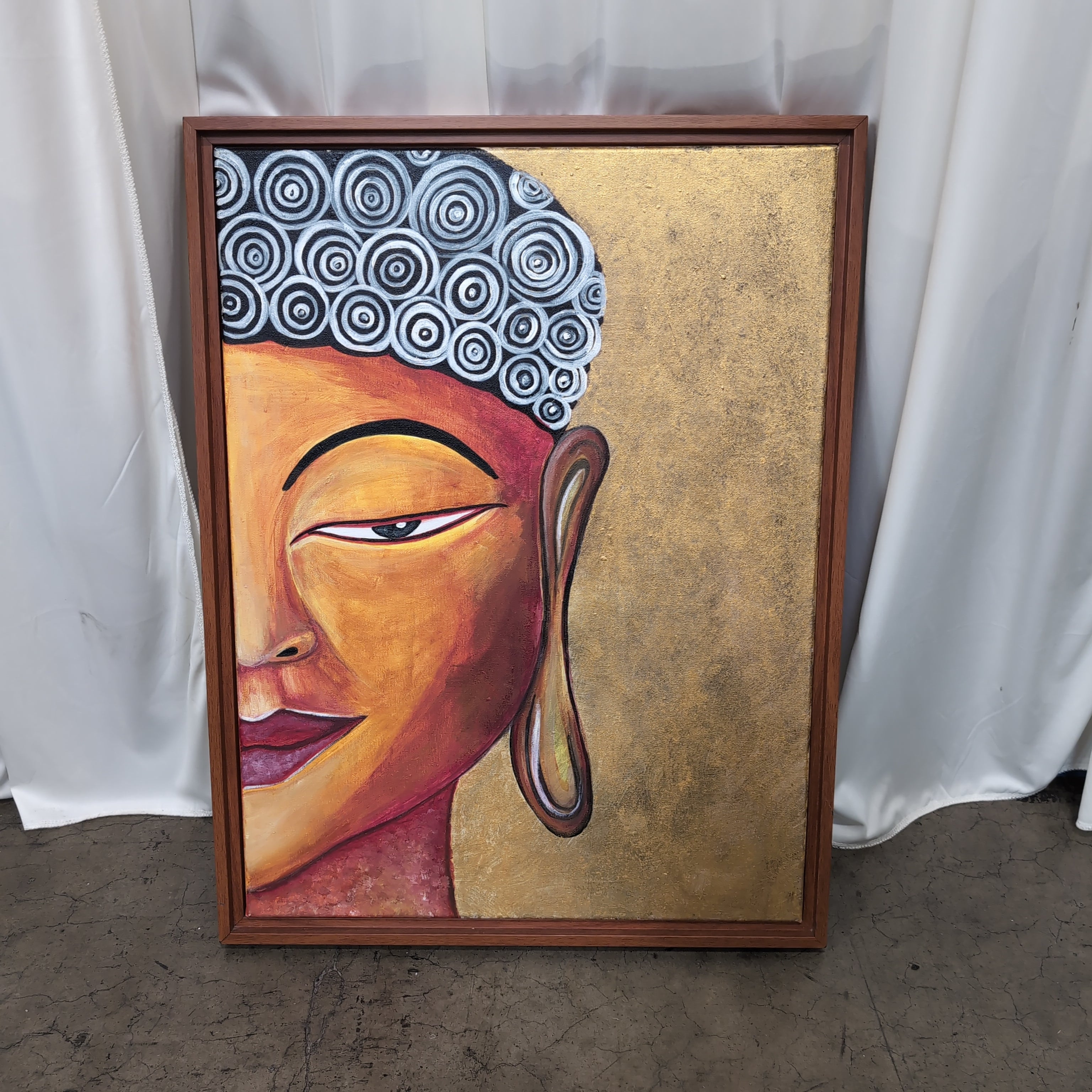 Modern Gold and Orange Buddha Painting with Wood Frame