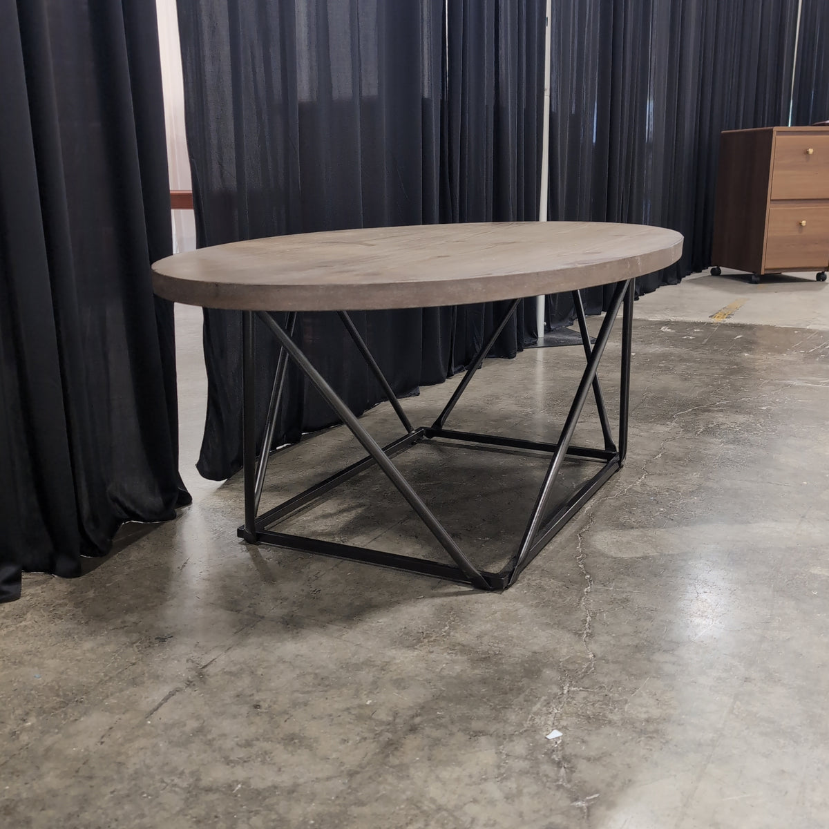 Oval Grey Wood Coffee Table with Geometric Metal Base