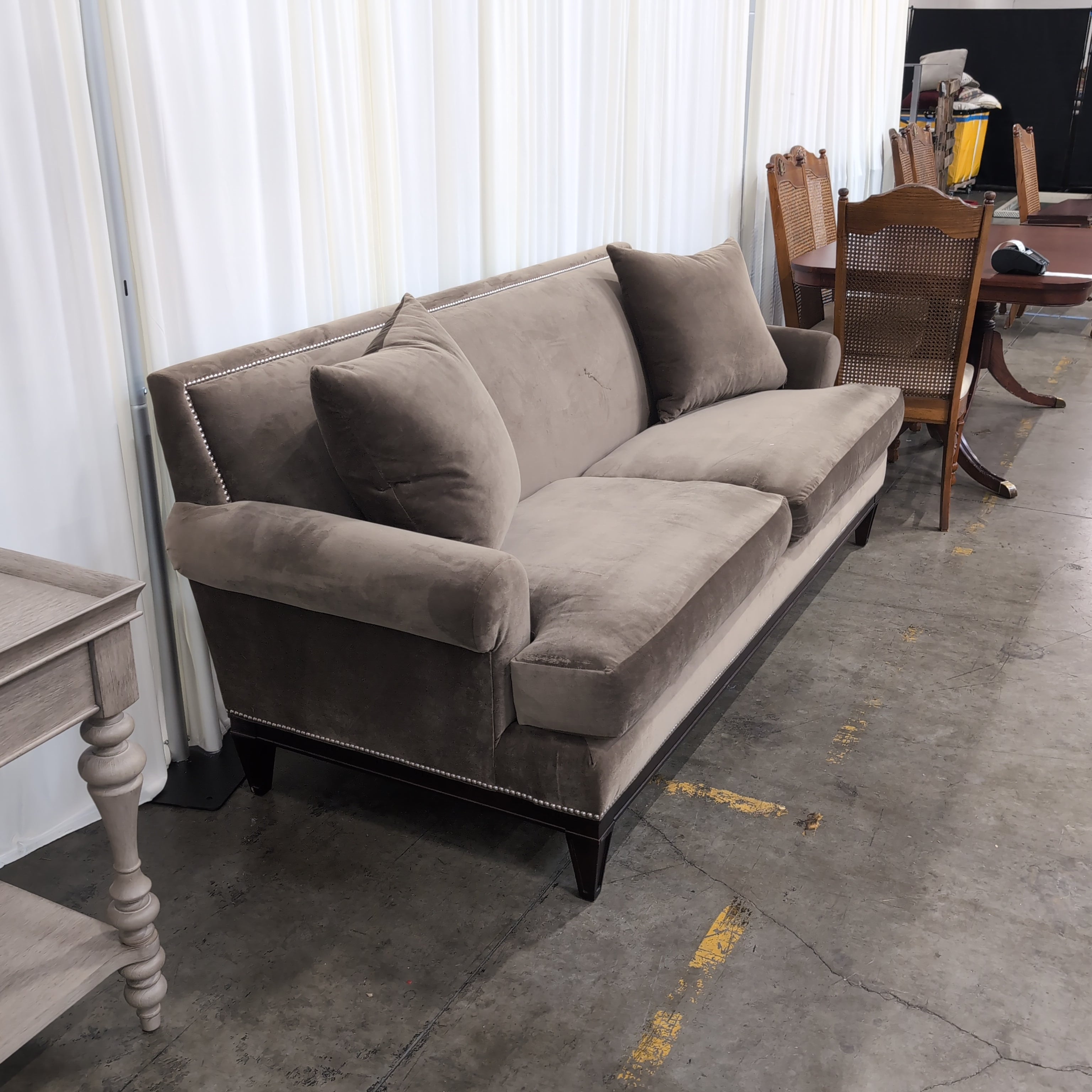 Taupe Fabric Two-Seat Couch with Nailhead Trim