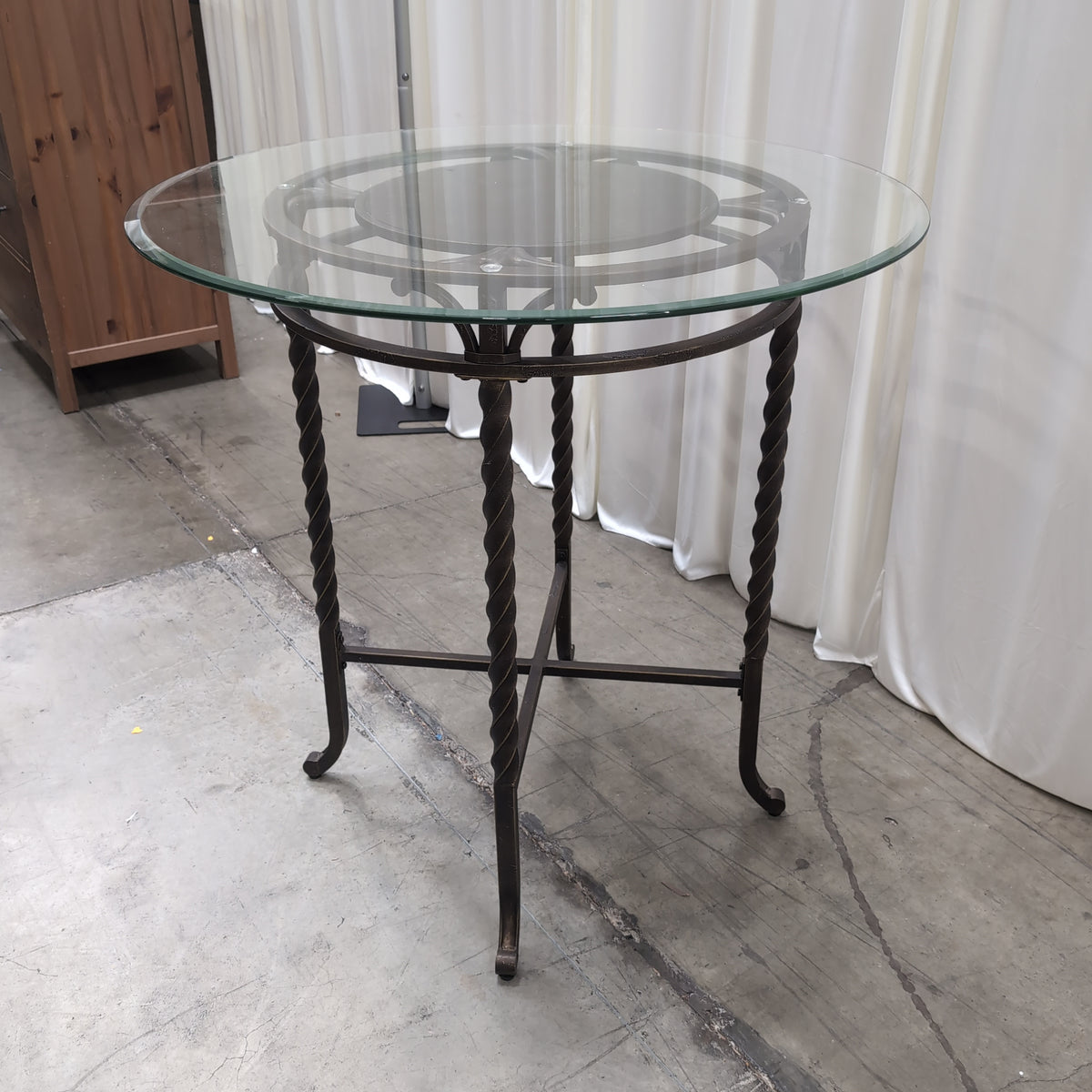 Round Glass Top Bar Table with Twisted Metal Base