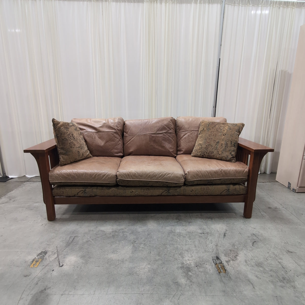 Brown Wood Frame Patterned Fabric Couch