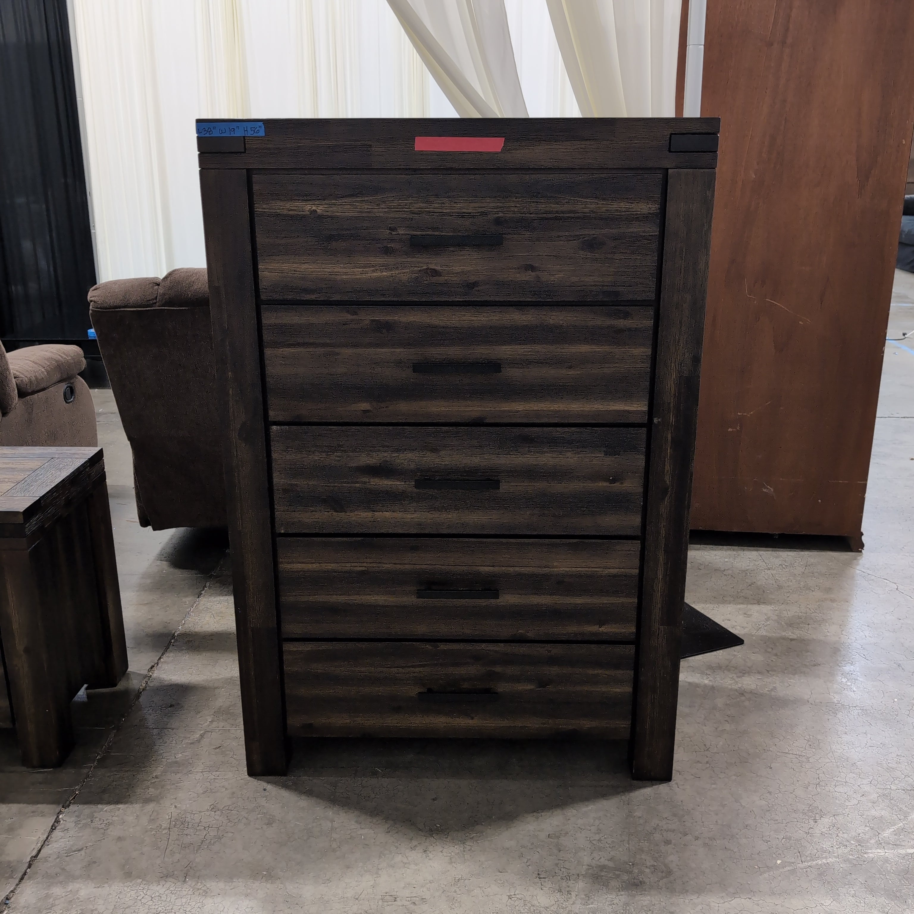 Rustic Dark Wood Five-Drawer Dresser with Black Pulls