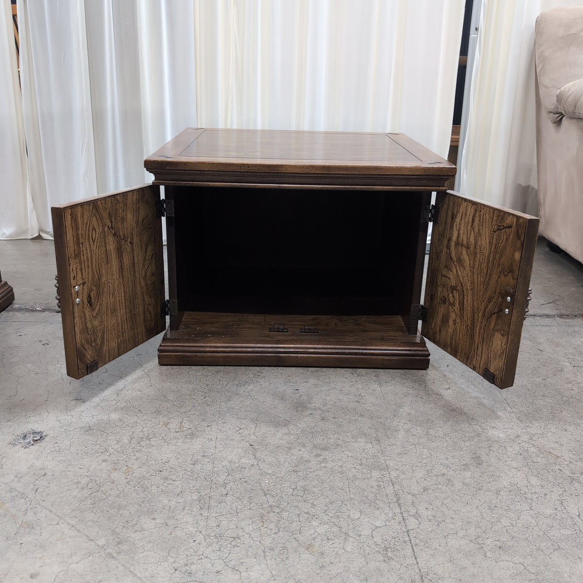Vintage Carved Wood End Table with Cabinet Doors