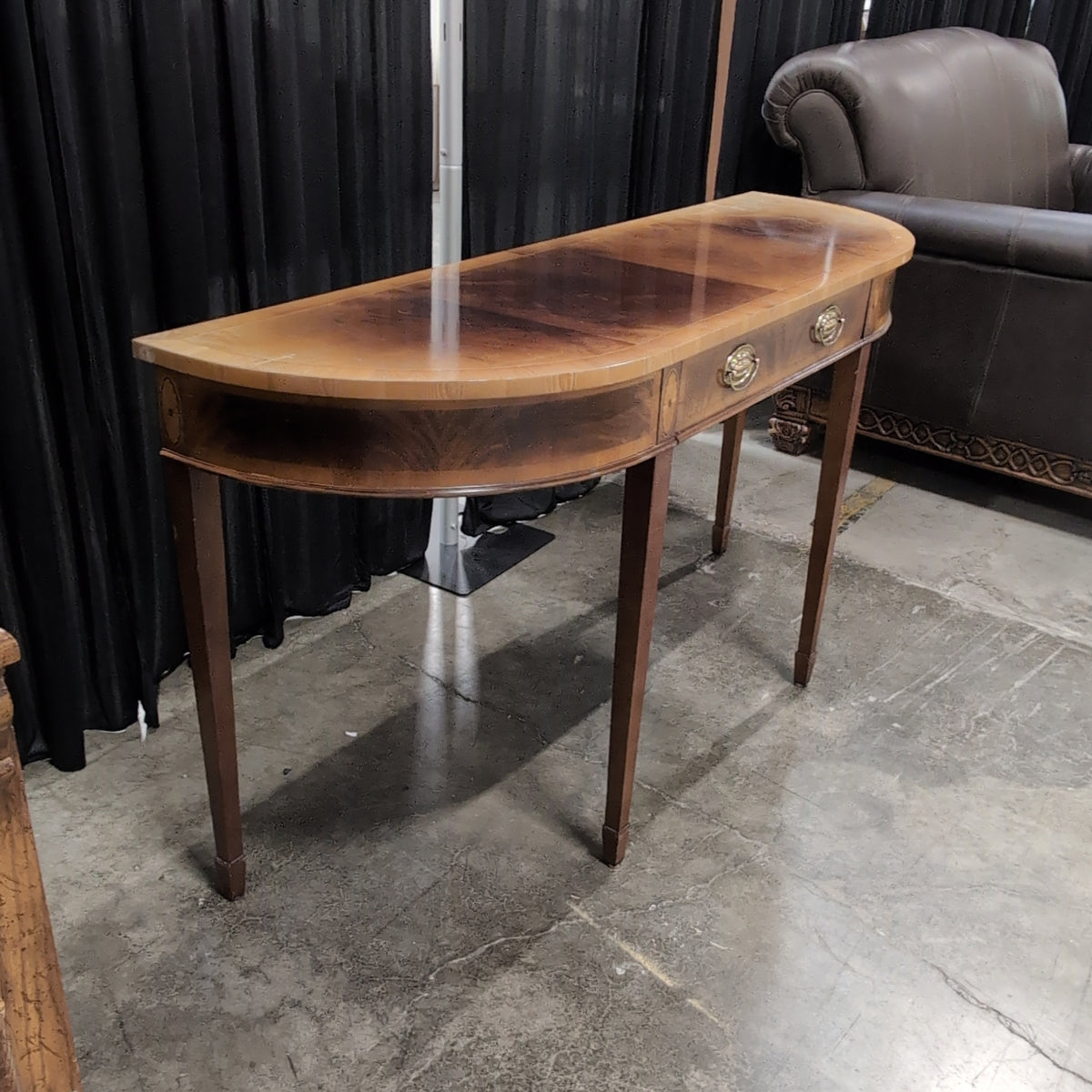 Semicircular Dark Wood Console Table with Brass Hardware