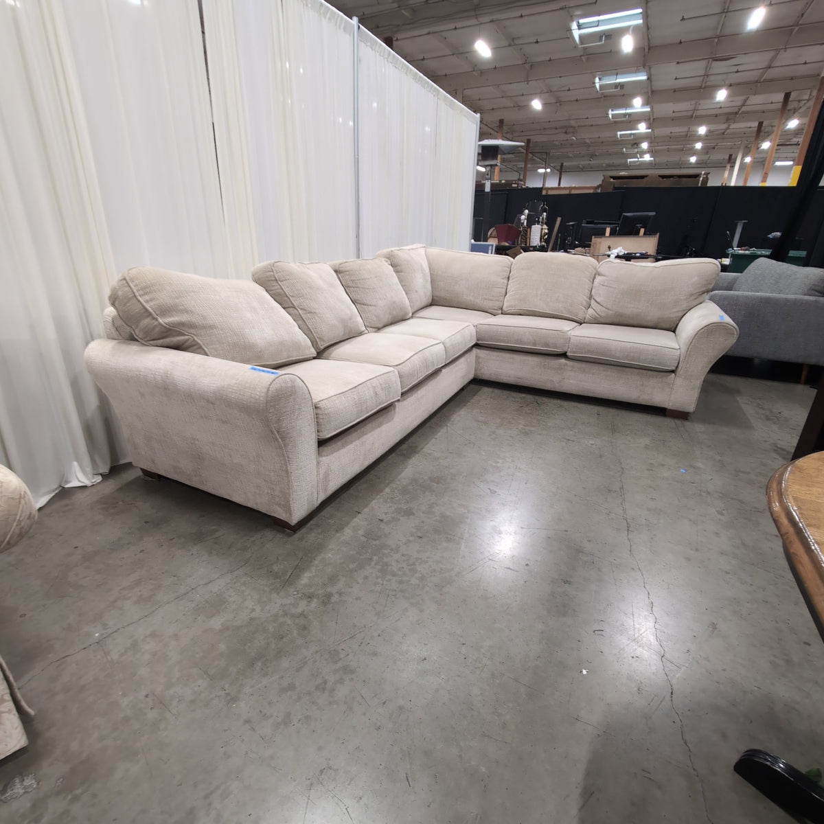 Light Beige Textured Fabric Sectional Couch with Rolled Arms
