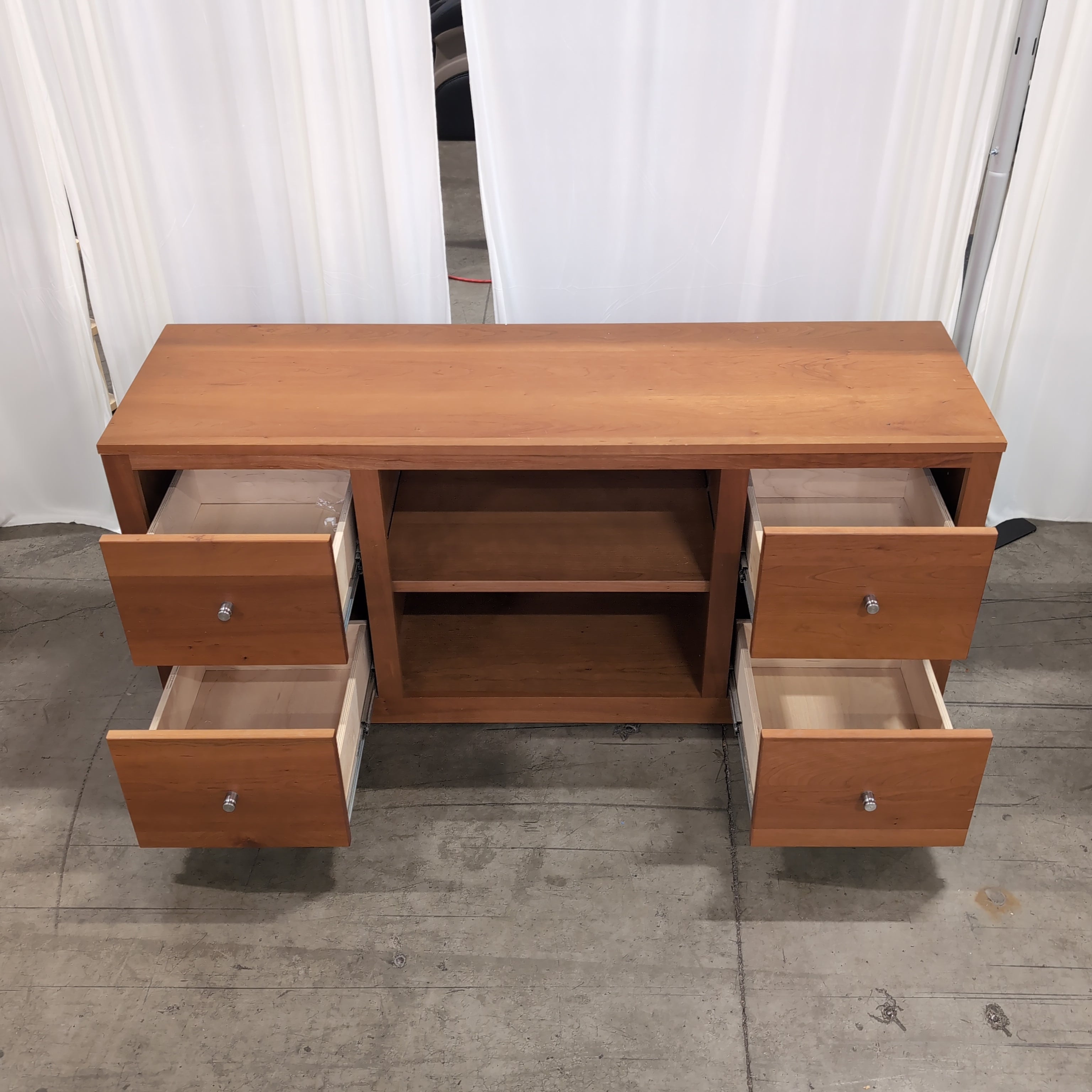 Brown Hardwood Long TV Stand with Silver Hardware
