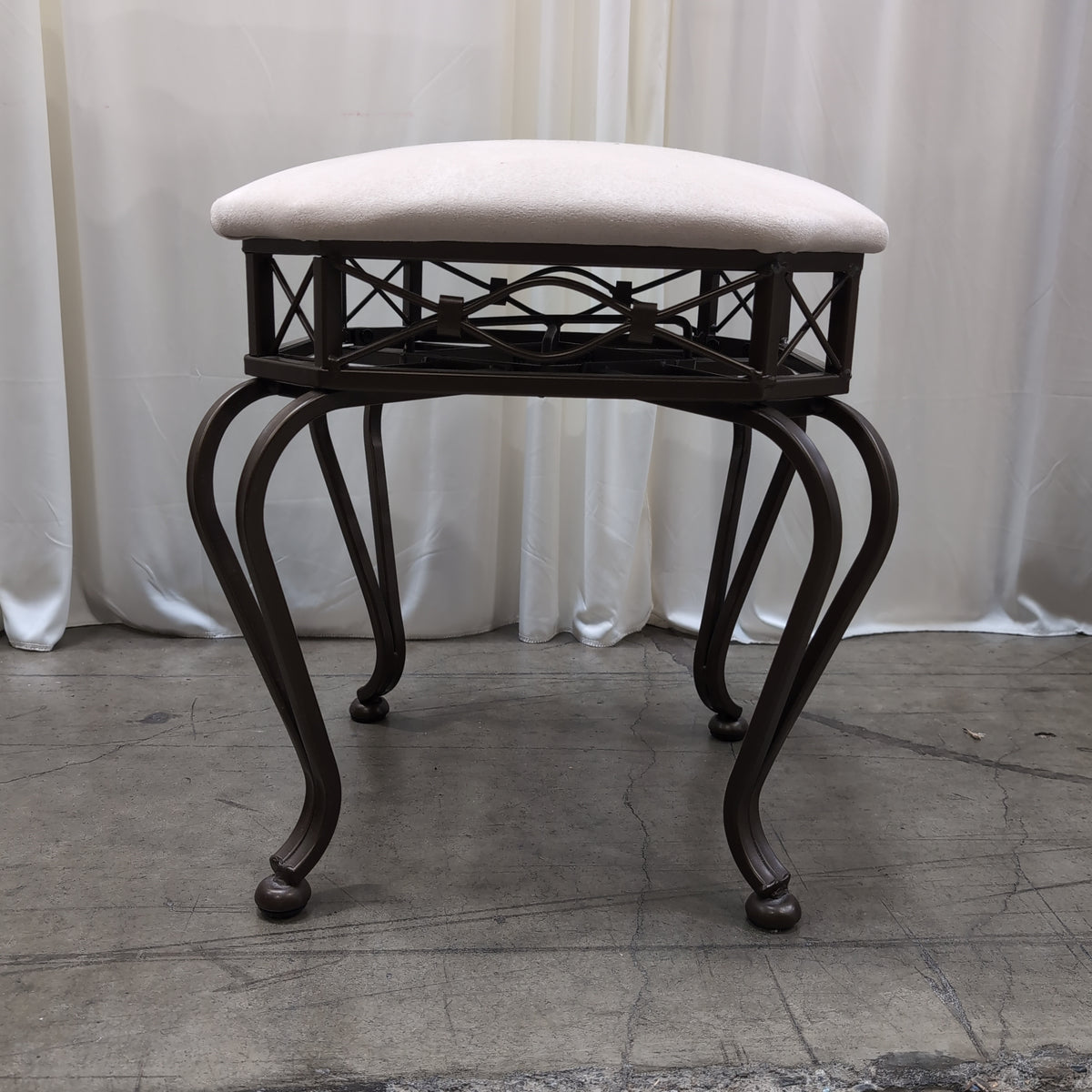 Dark Bronze Ornate Metal Vanity Stool with Cream Upholstery