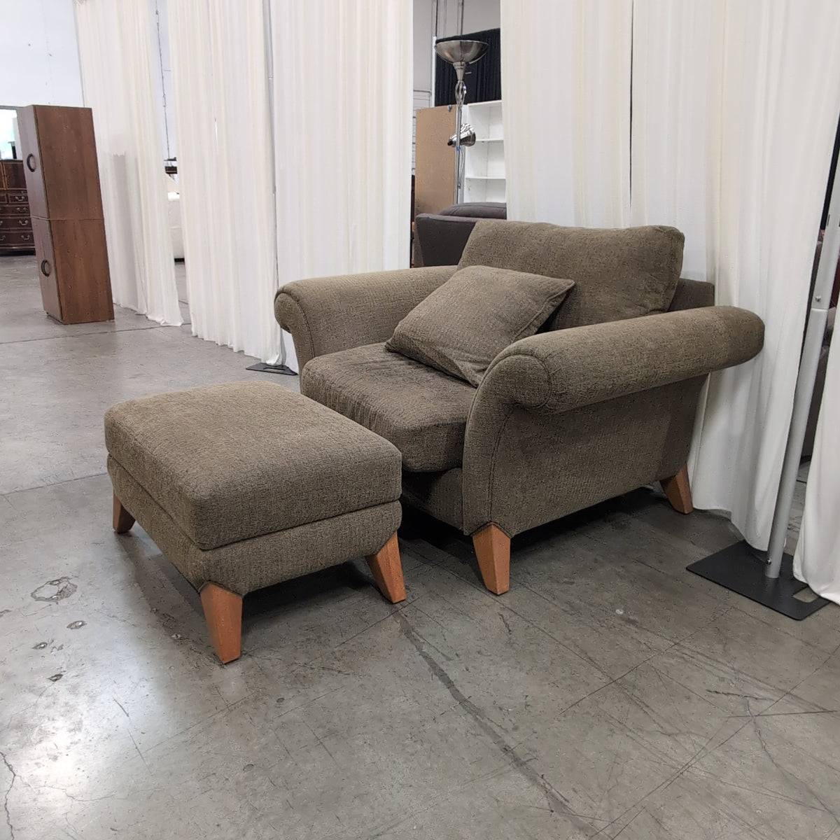 Taupe Textured Fabric Rolled Arm Armchair with Matching Ottoman