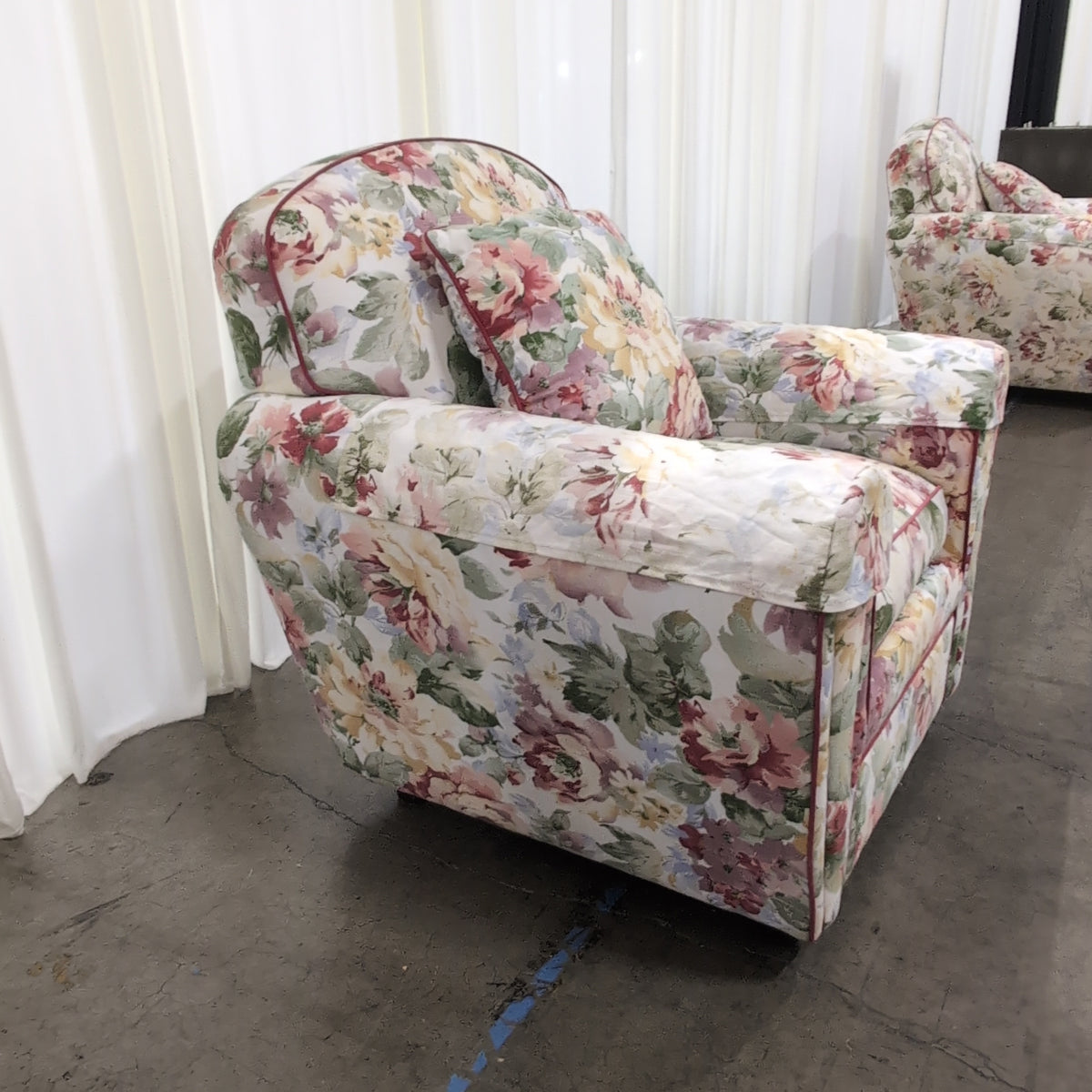 Chintz Floral Rolled Arm Armchair and Ottoman Set