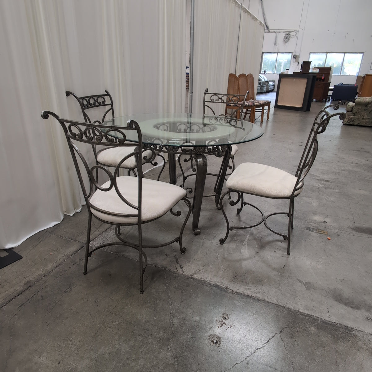 Ornate Wrought Iron Glass Dining Table with Chairs