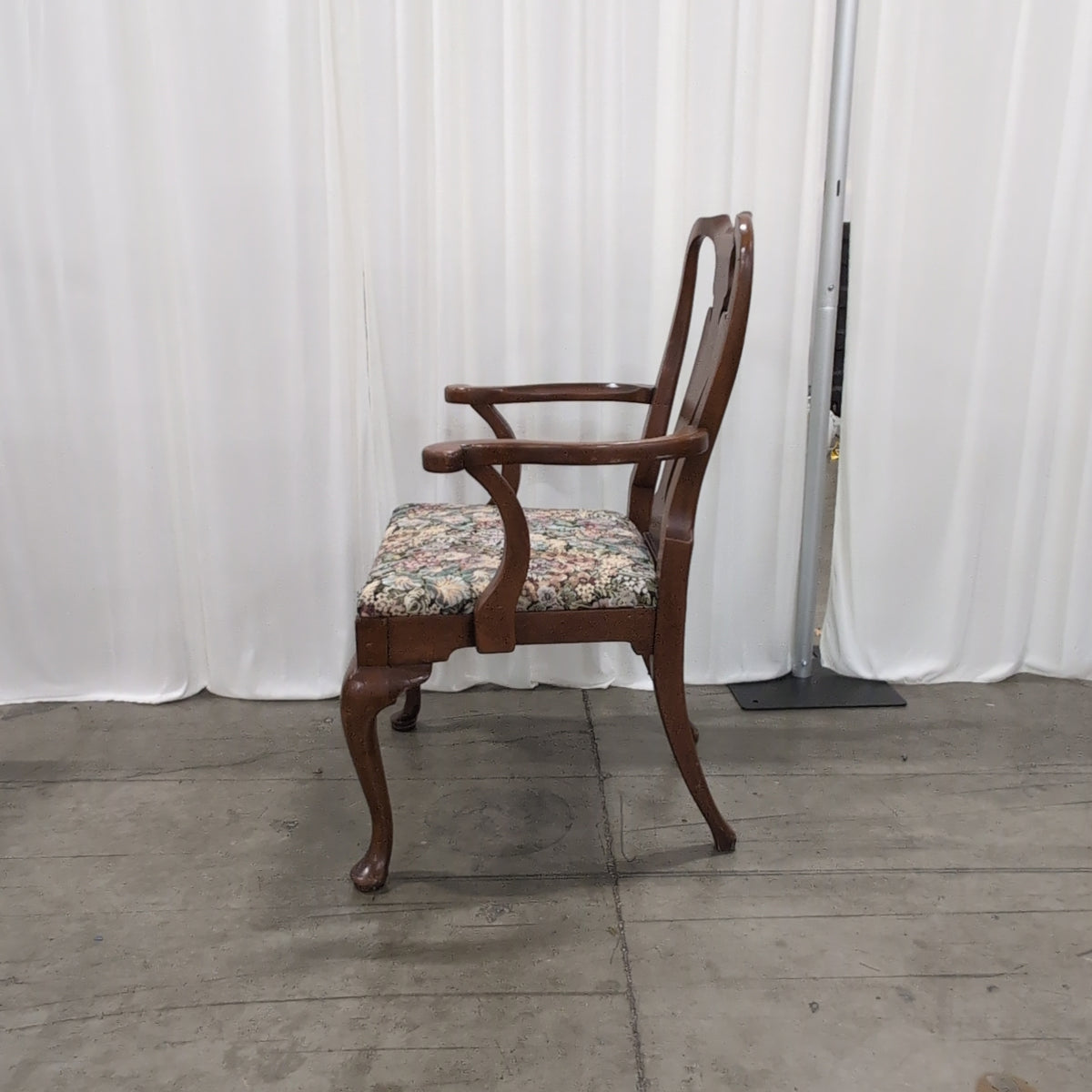 Queen Anne Style Dark Wood Armchair with Floral Upholstery