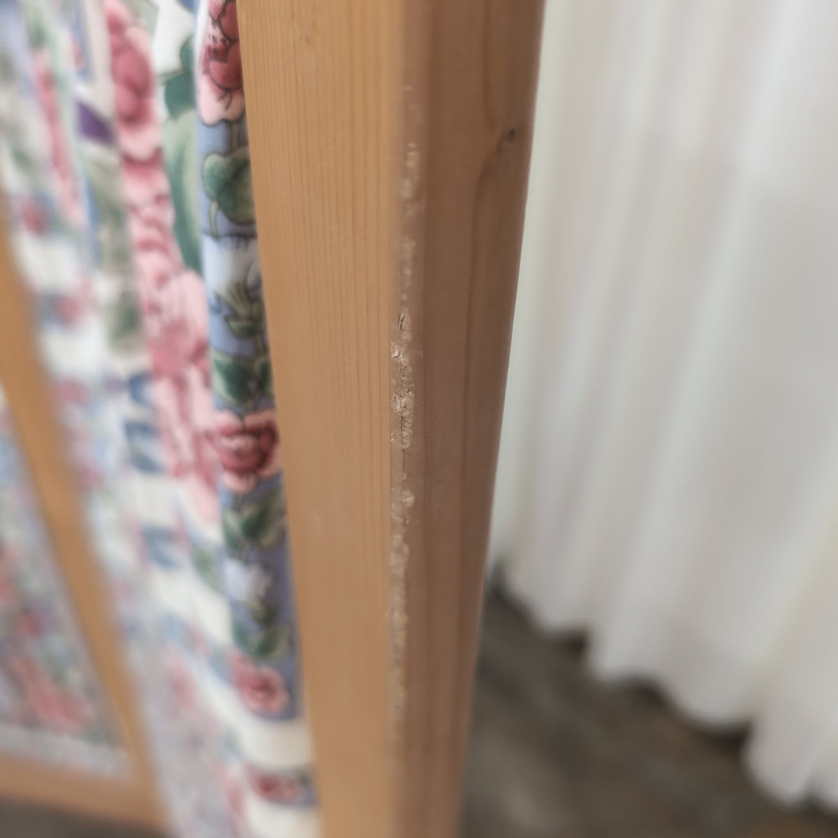 Three-Panel Wood Screen with Floral Fabric