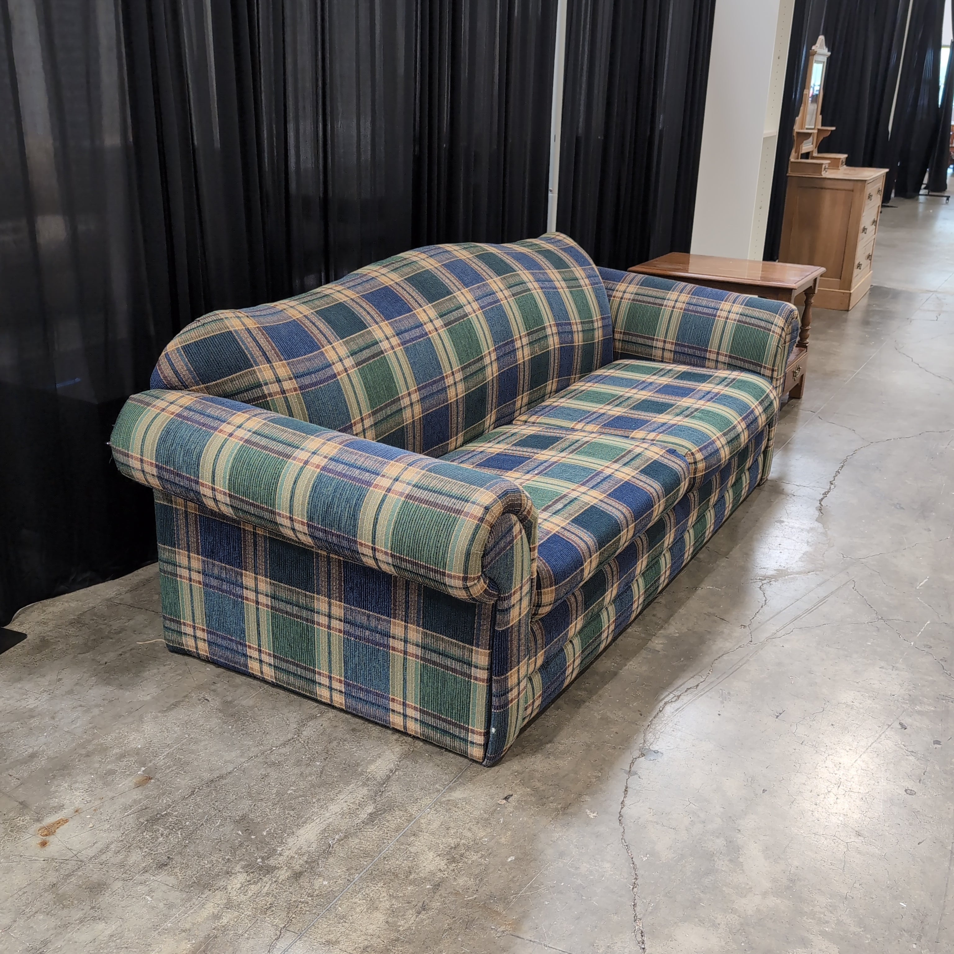 Traditional Blue and Green Plaid Fabric Loveseat