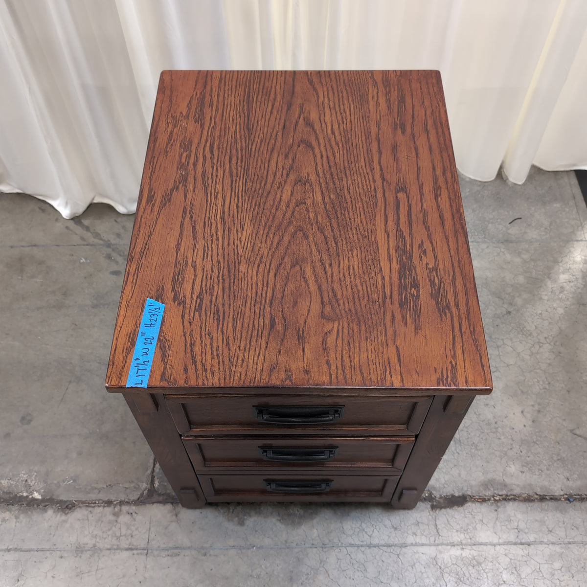 Brown Stained Hardwood Three-Drawer Nightstand with Black Hardware