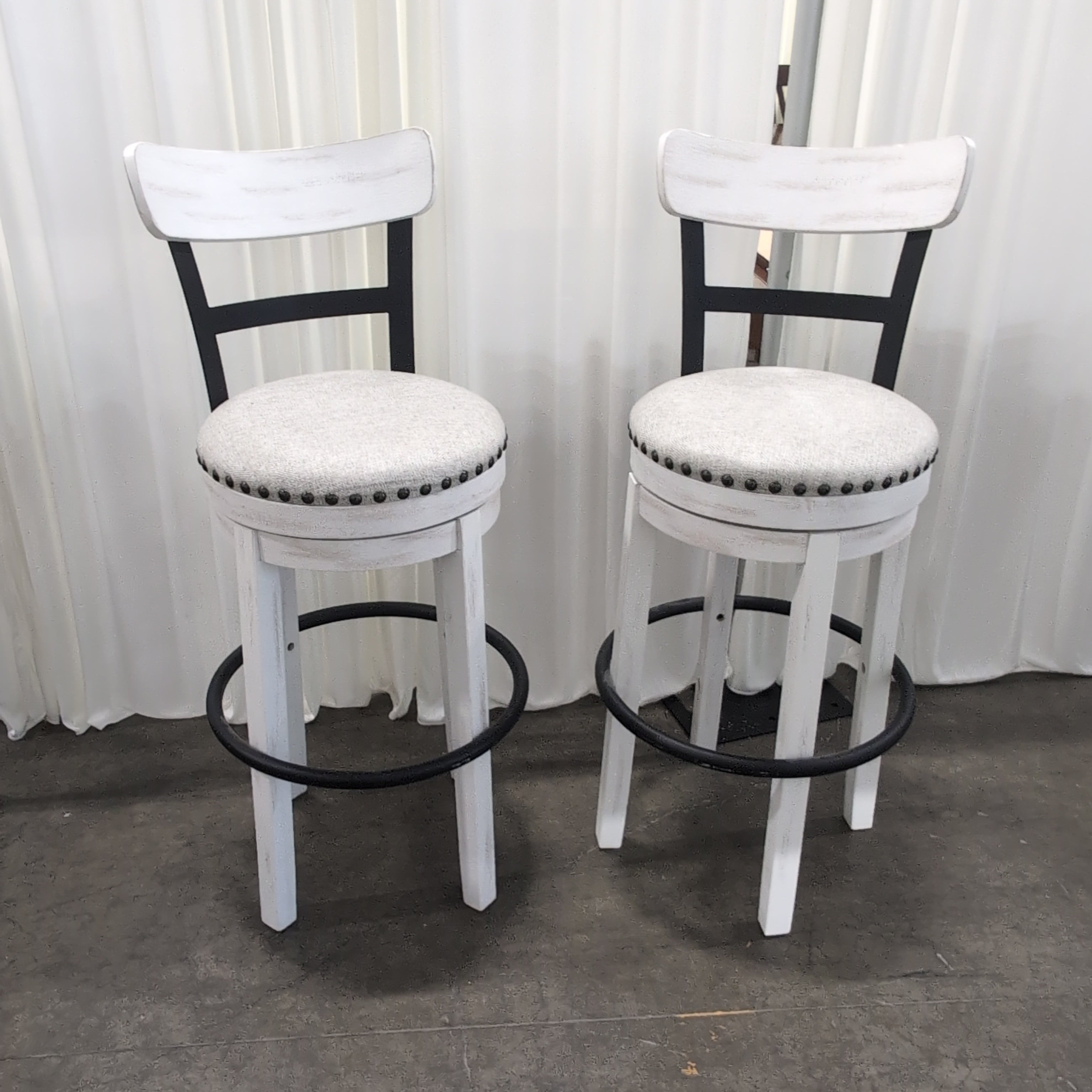 Distressed White Wood Backrest Bar Stool with Upholstered Seat