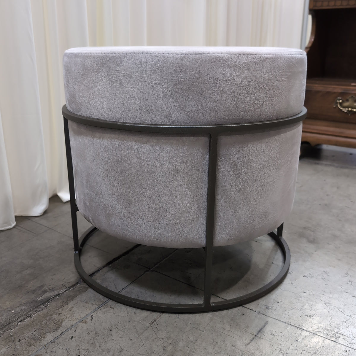 Grey Round Velvet Ottoman with Metal Frame