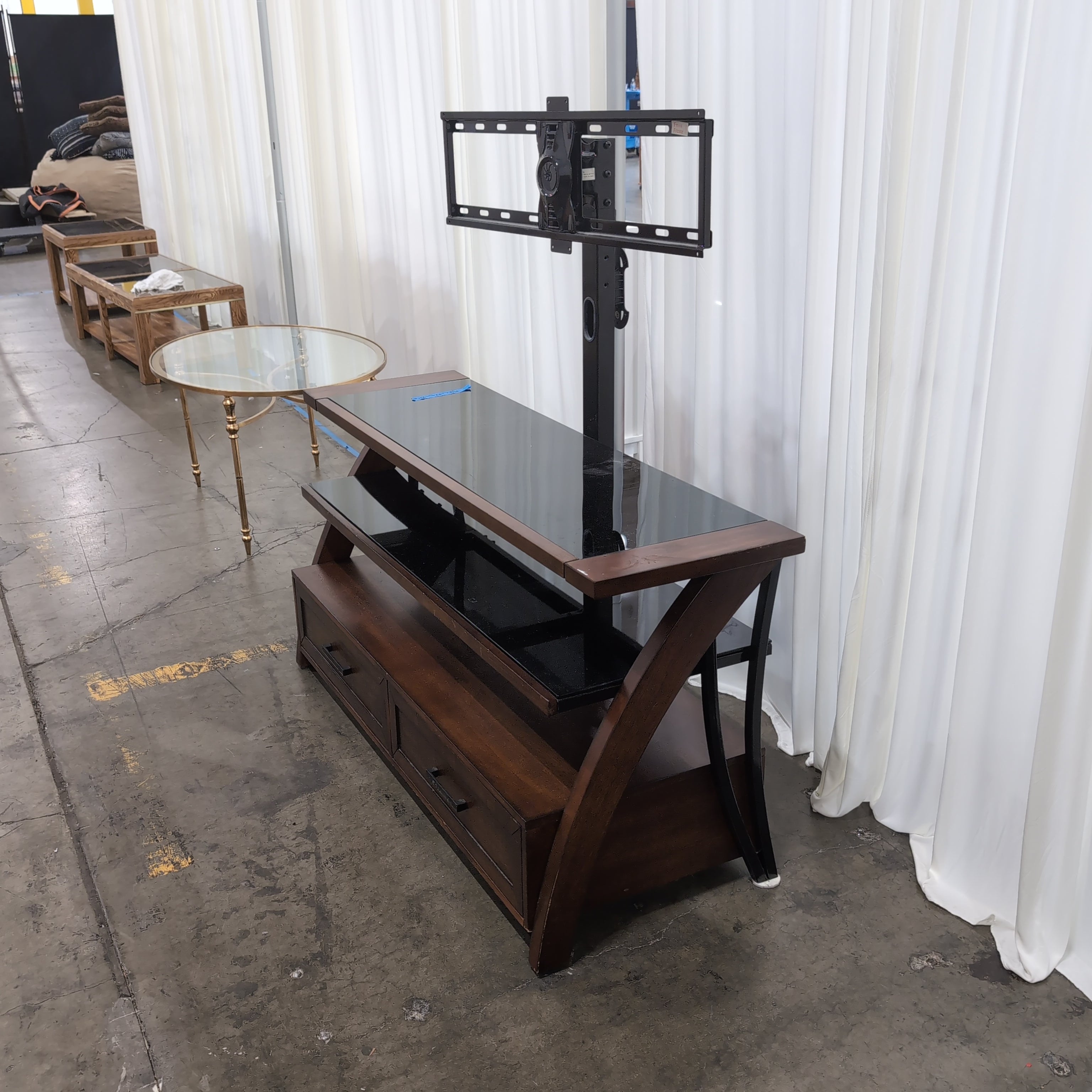 Dark Wood and Glass TV Stand with Integrated Mount