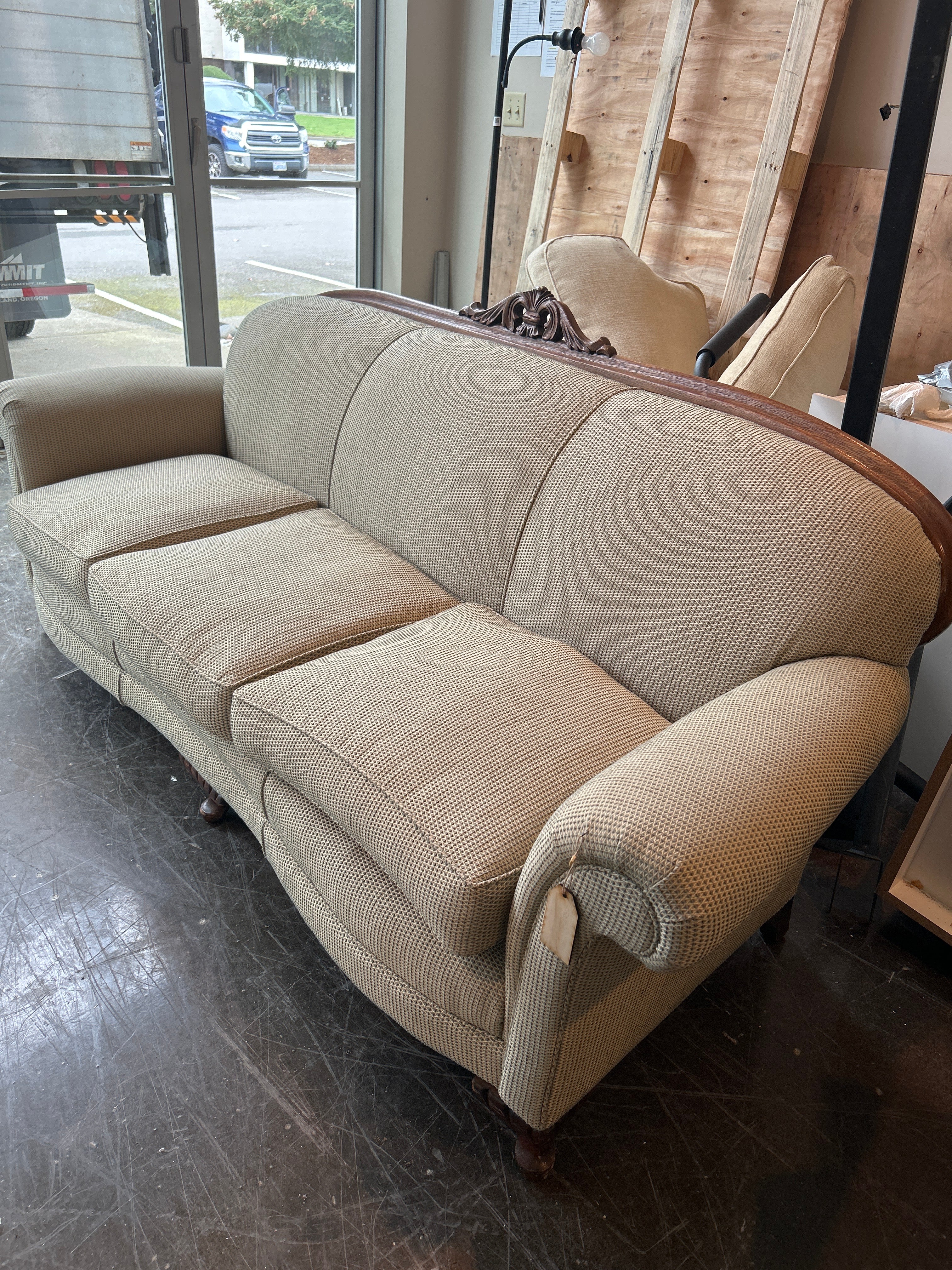 Custom Made Designer Couch With Wood Trim