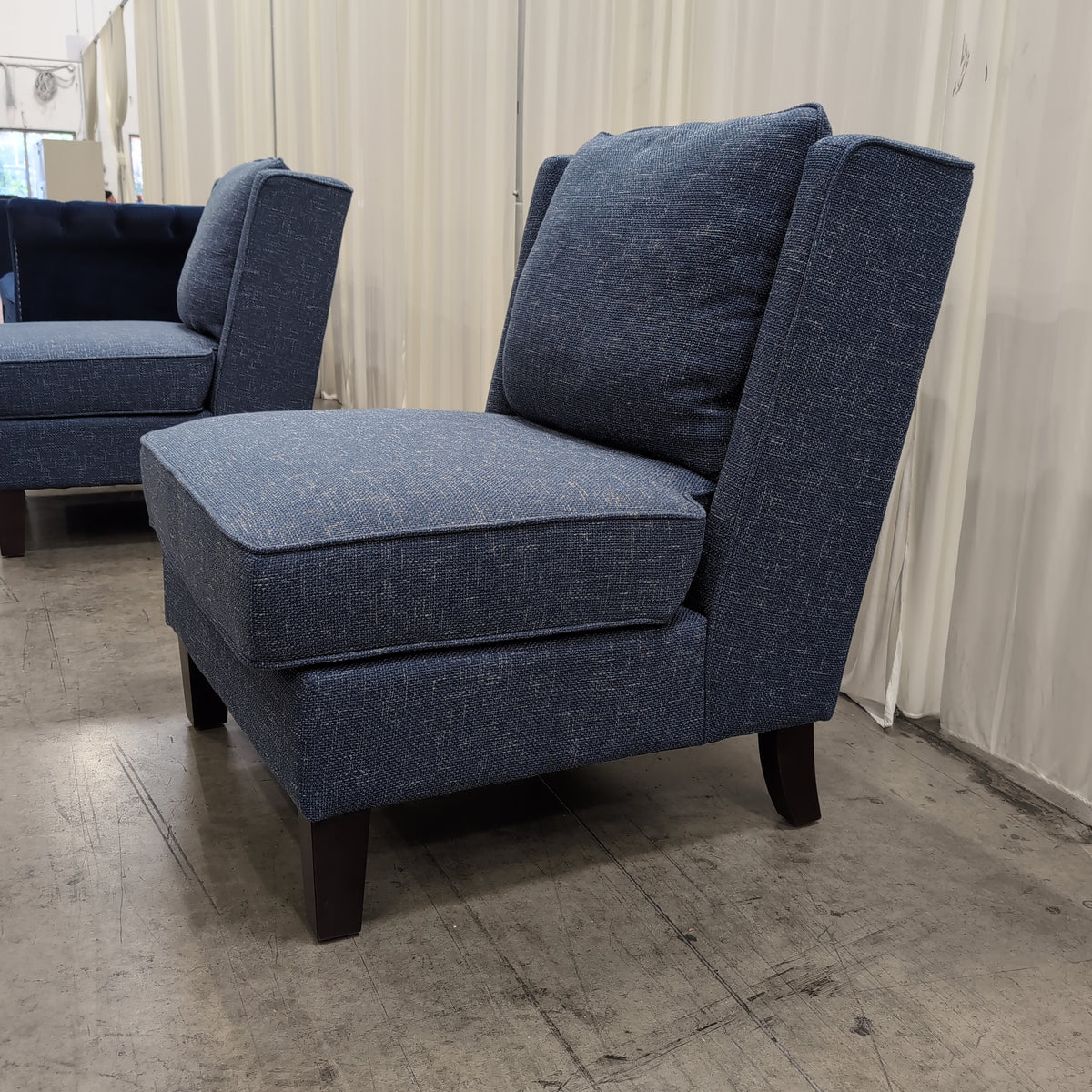 Textured Blue Fabric Armchair with Dark Wood Legs