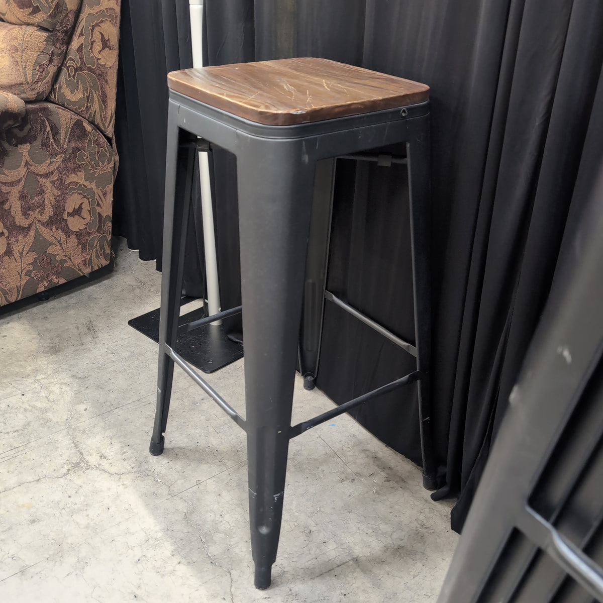 Industrial Dark Gray Metal Stool with Wood Top