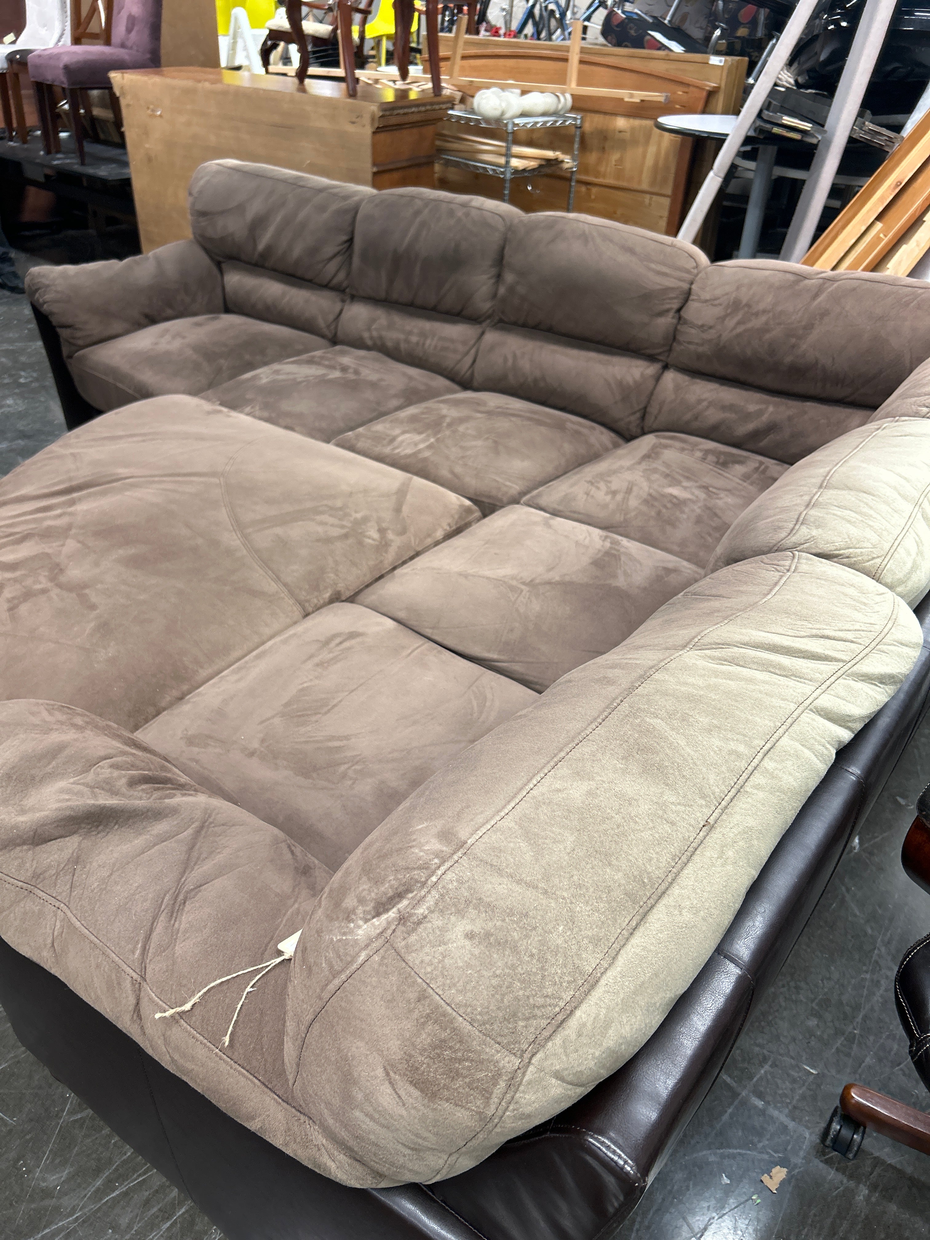 Brown Suede And Pleather Sectional