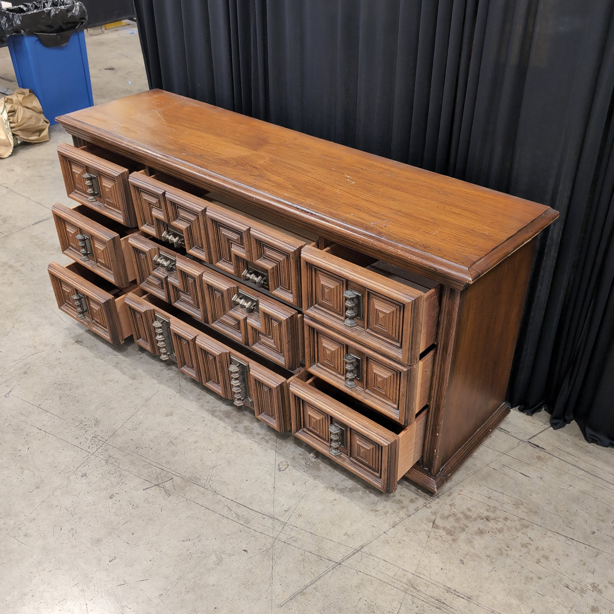 Brown Geometric Paneled Nine-Drawer Dresser in Hardwood