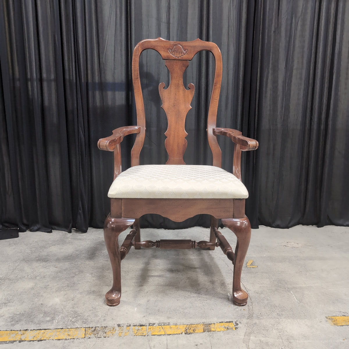 Queen Anne Style Upholstered Dining Armchair in Dark Wood