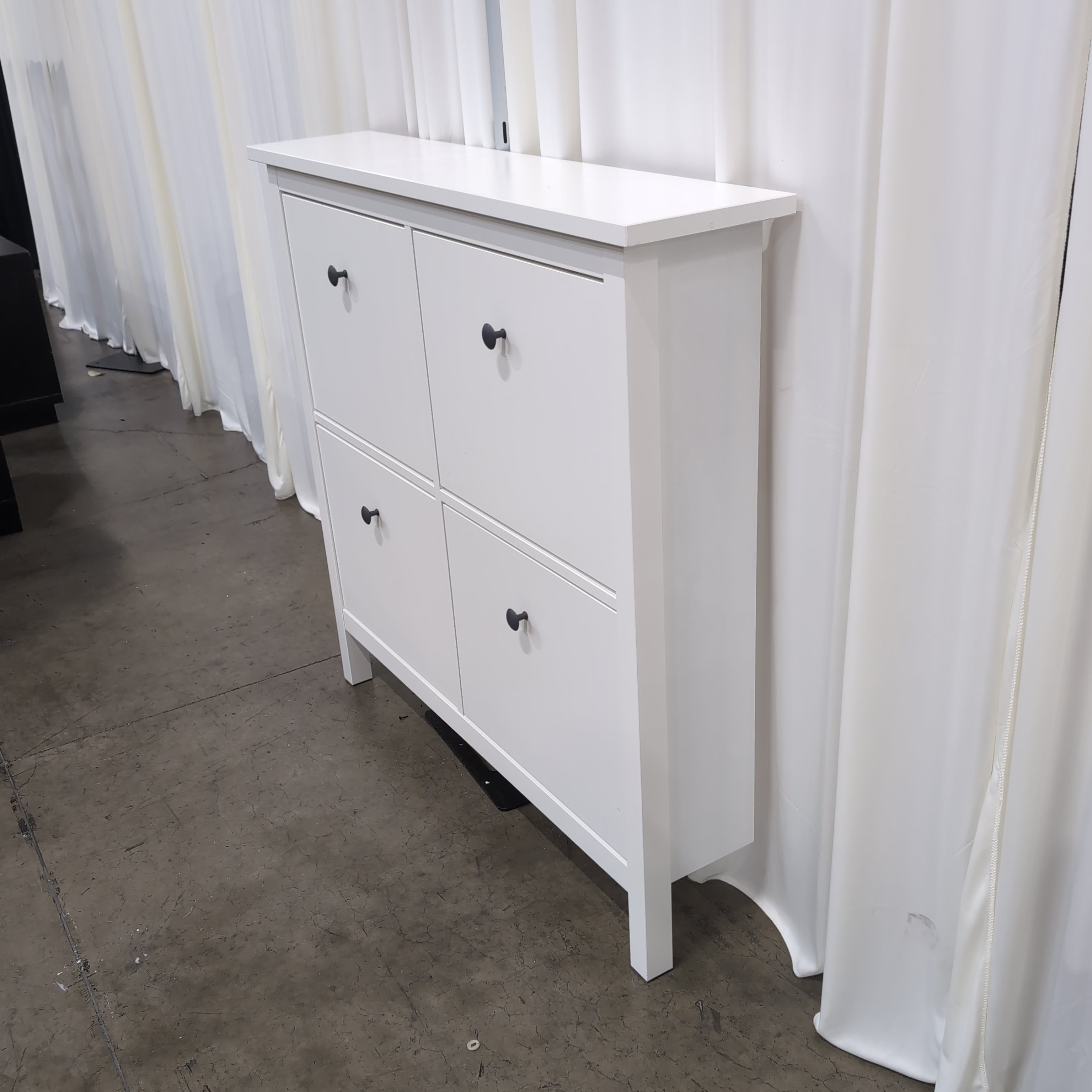 White Four-Compartment Shoe Cabinet with Black Handles