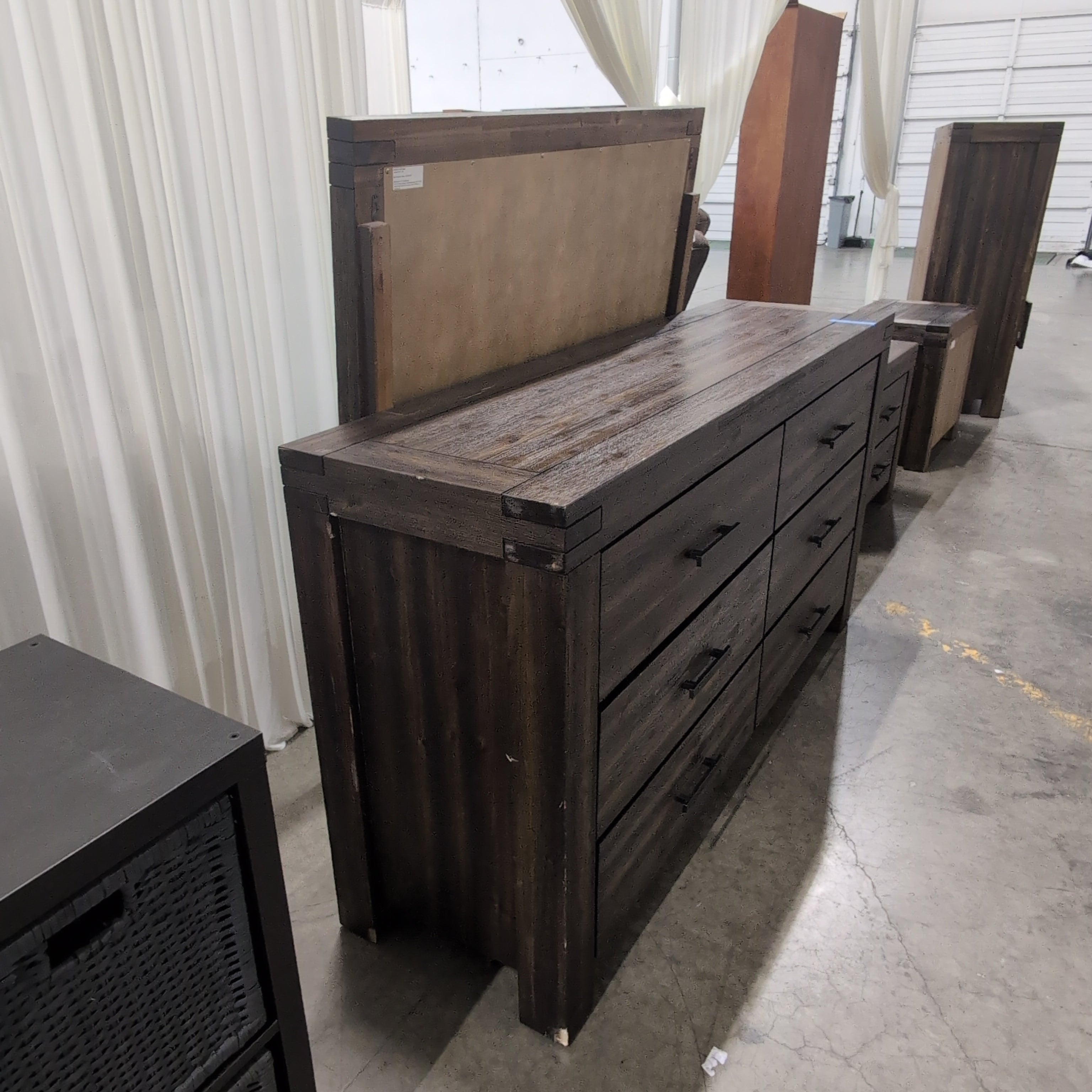Rustic Dark Wood Six-Drawer Dresser with Mirror