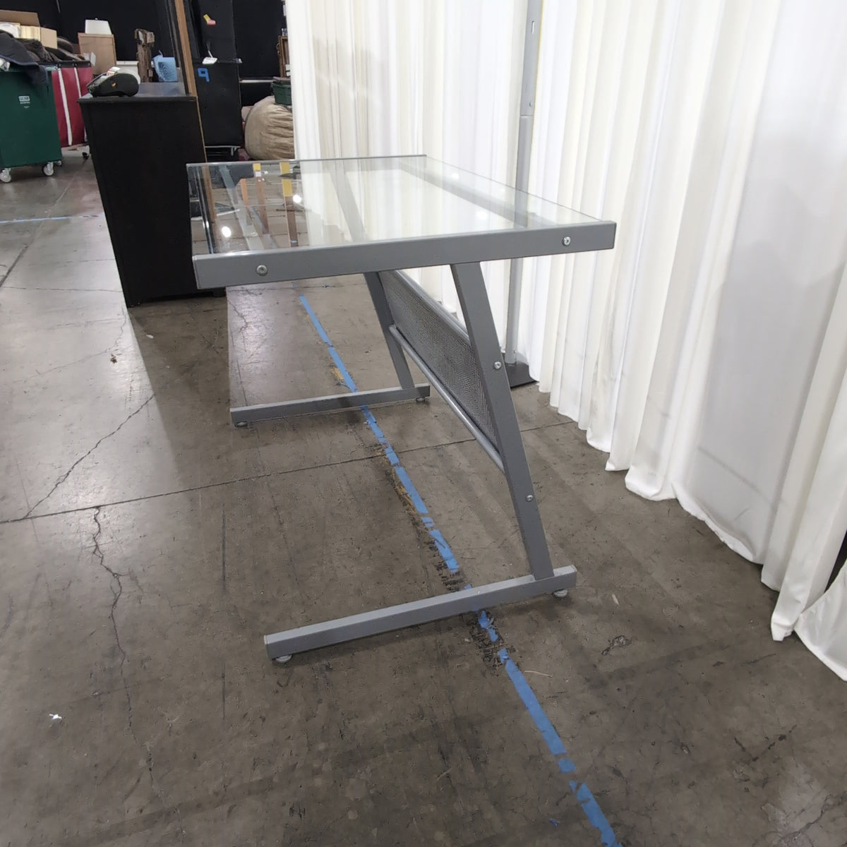 Modern Silver Metal and Glass Desk with Perforated Shelf