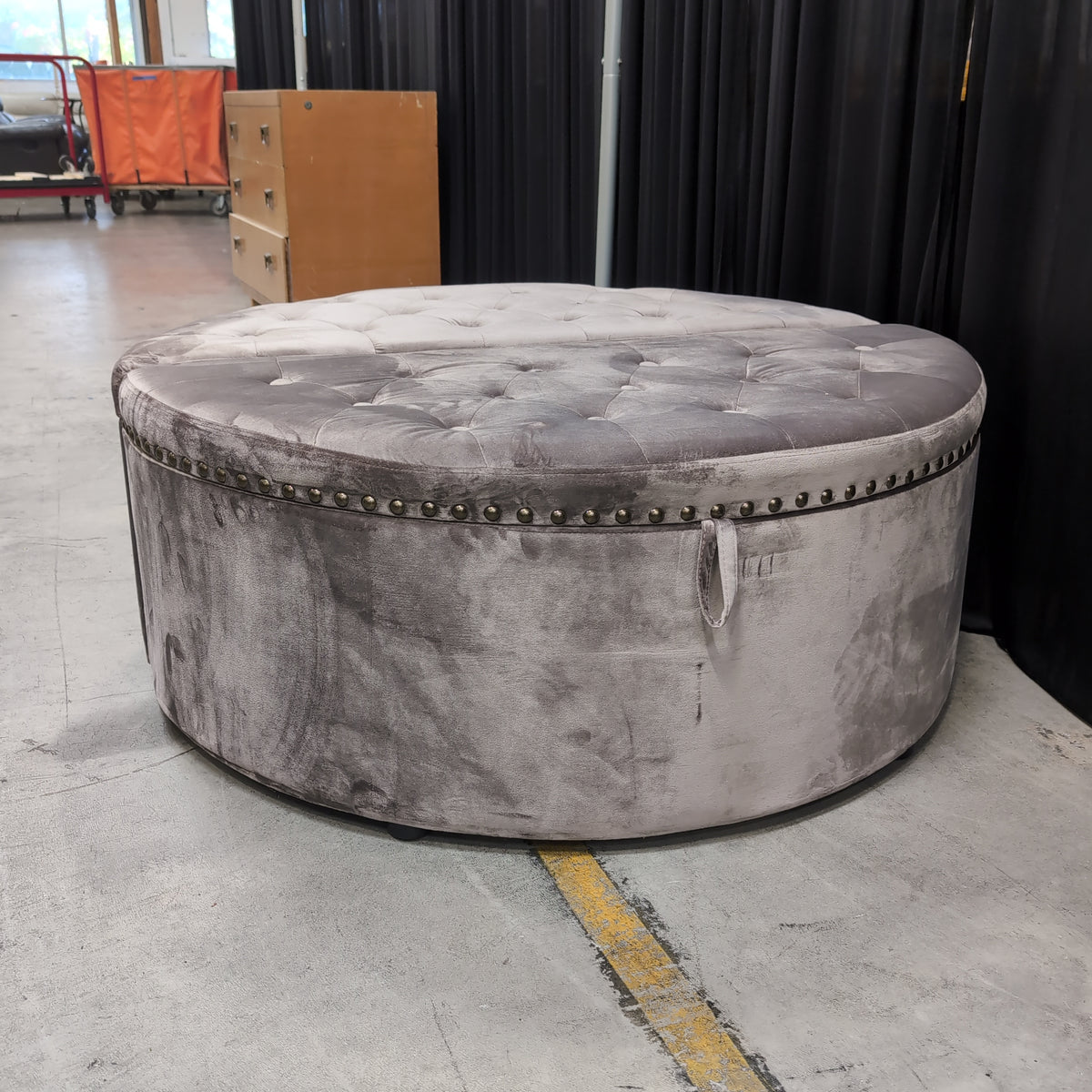 Tufted Velvet Half-Circle Ottoman with Nailhead Trim