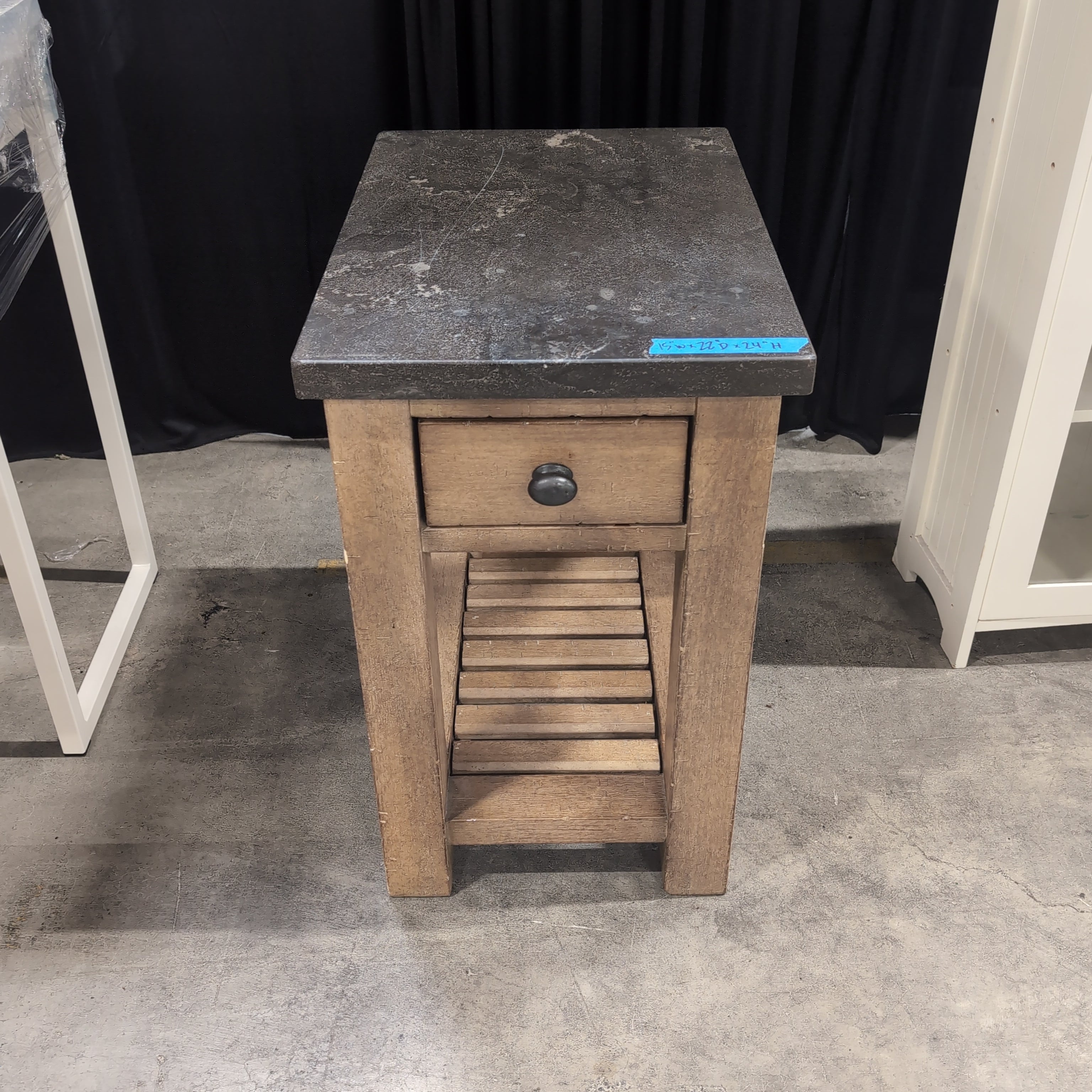 Natural Wood End Table with Dark Stone Top
