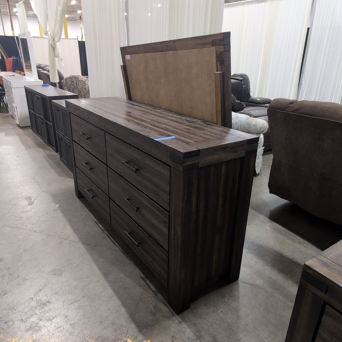 Rustic Dark Wood Six-Drawer Dresser with Mirror