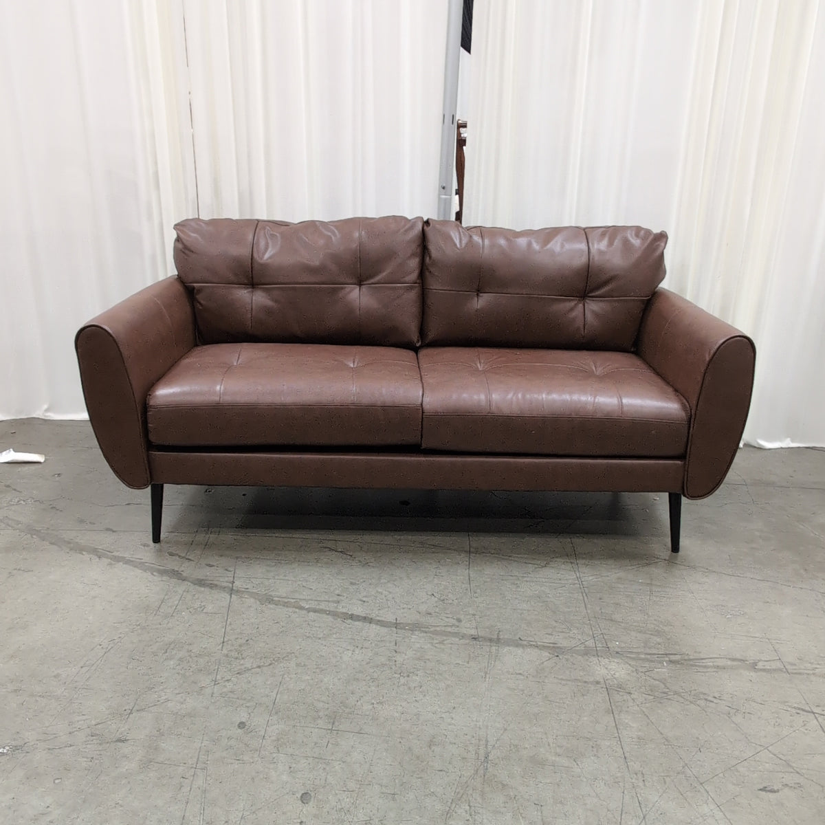 Brown Mid-Century Style Two-Seat Couch in Faux Leather