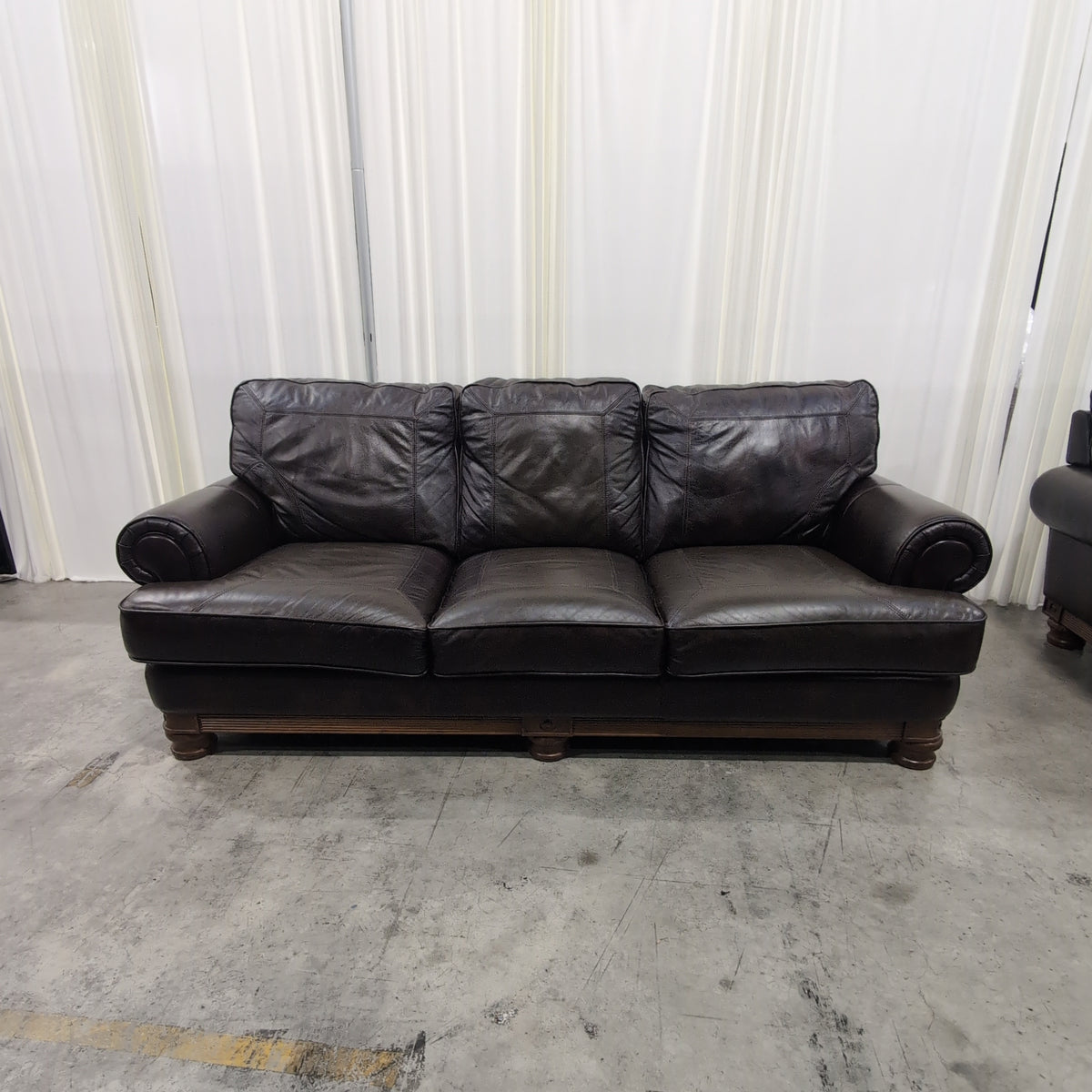 Dark Brown Leather Three-Seat Couch with Rolled Arms