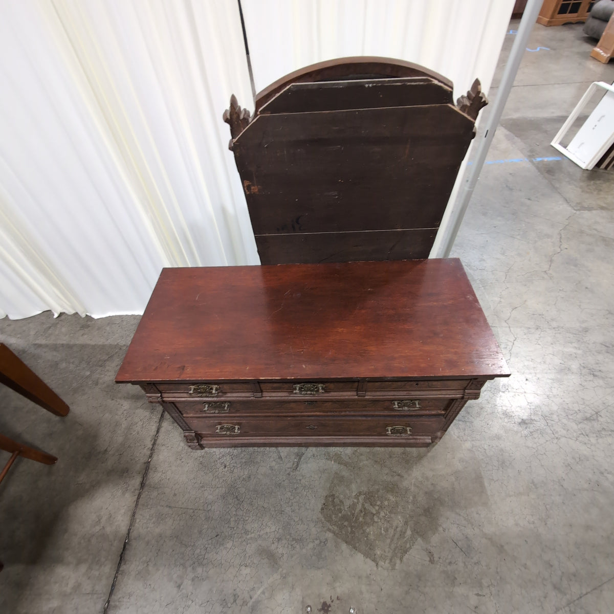 Antique Dark Wood Burl Veneer Dresser with Ornate Hardware