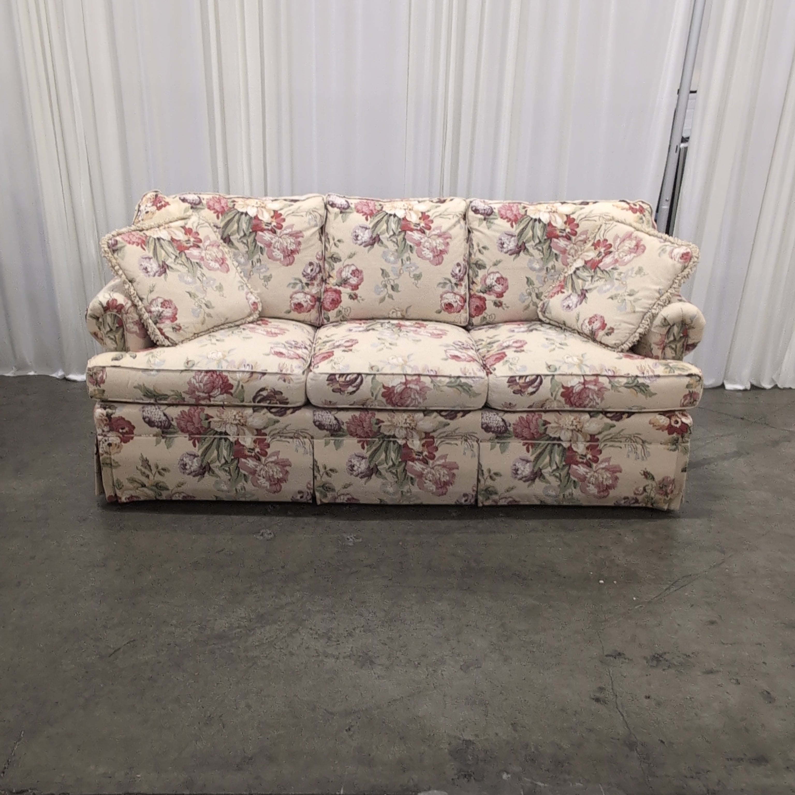Ethan Allen Cream Floral Rolled Arm Three-Seat Couch