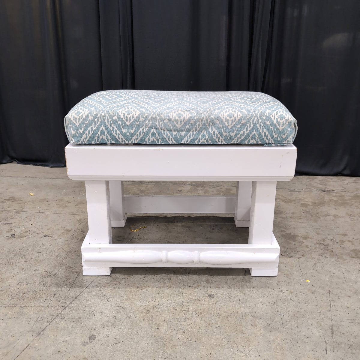 White Wood Ottoman with Patterned Cushion