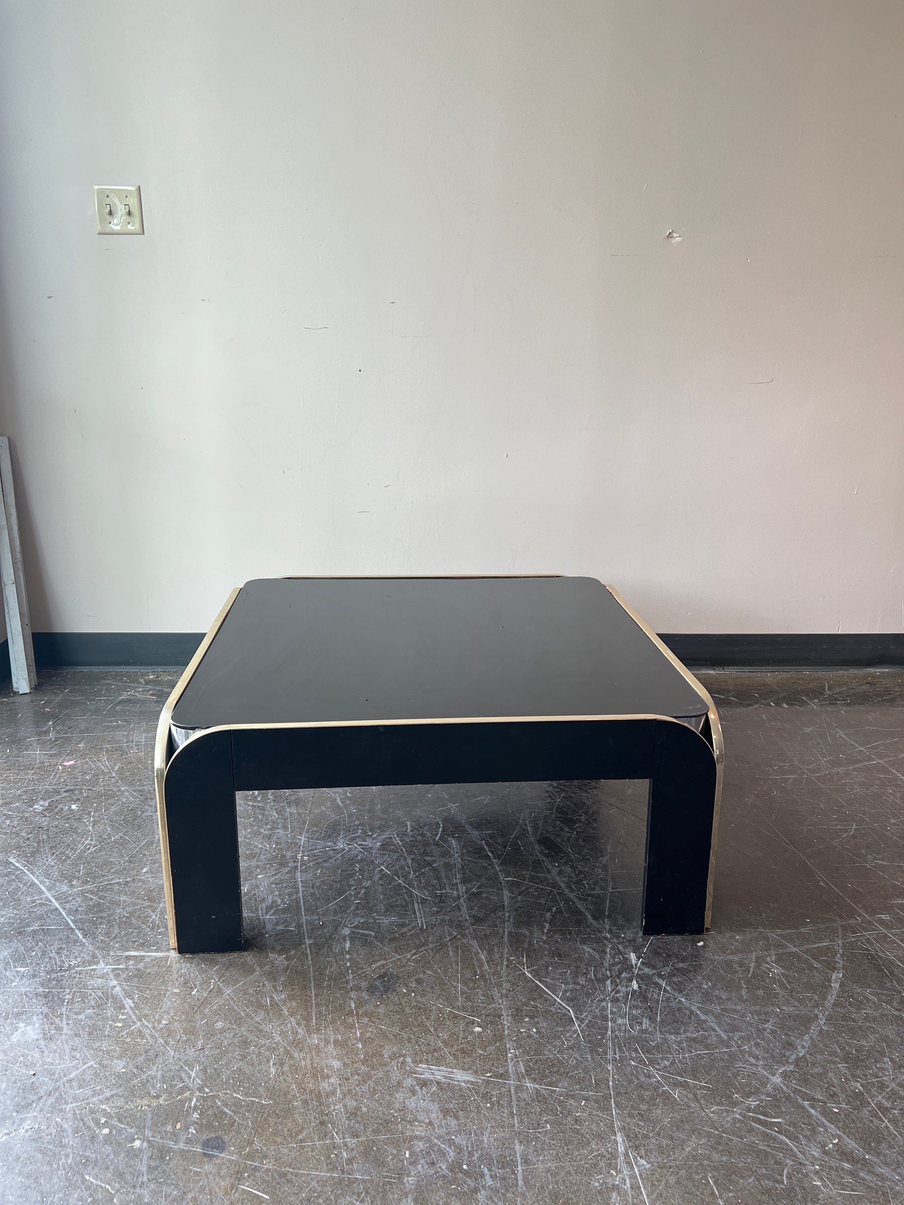 Black Glass with Brass Trim Coffee Table, Designed by Brinda Pridgen