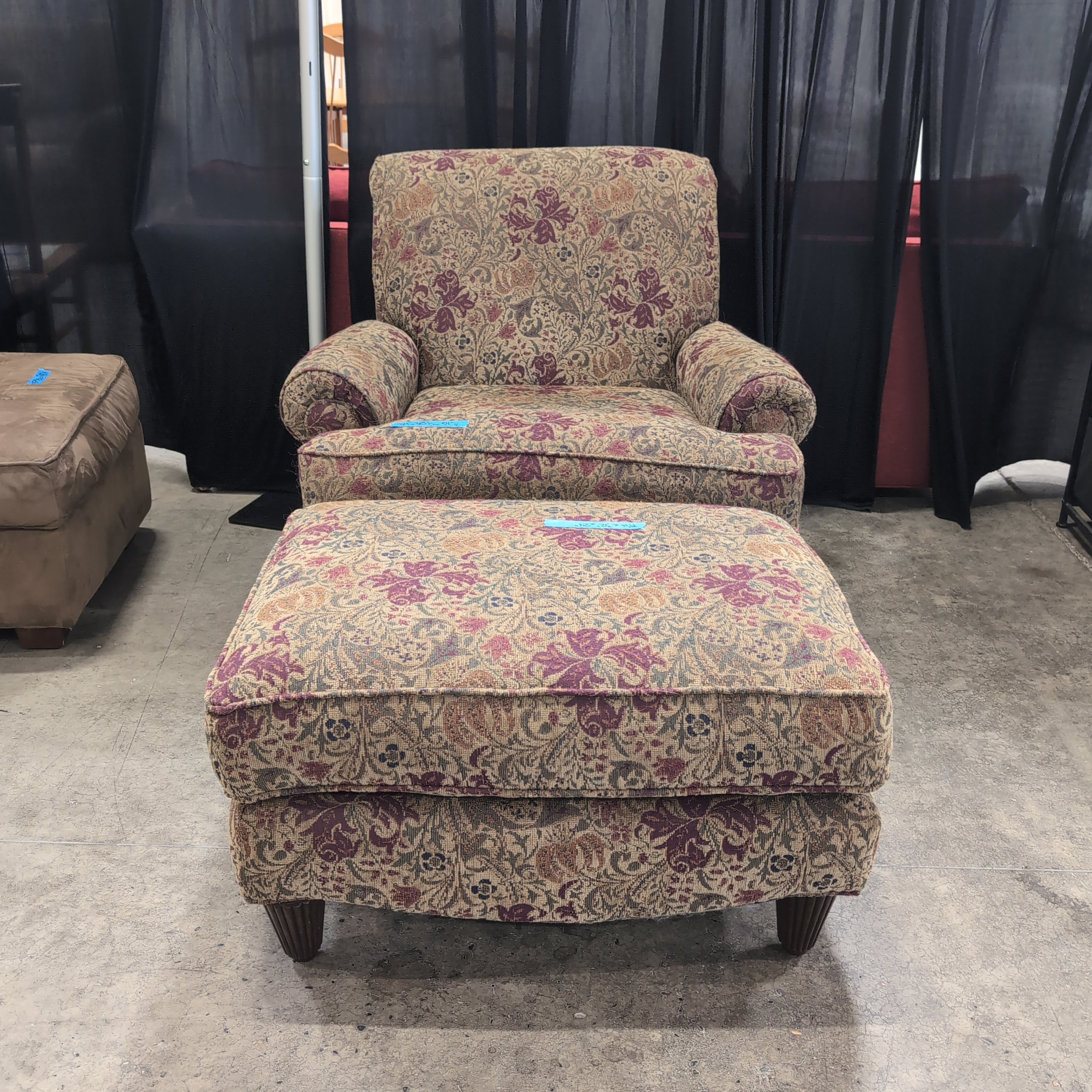 Rolled Arm Armchair and Ottoman in Floral Tapestry Fabric