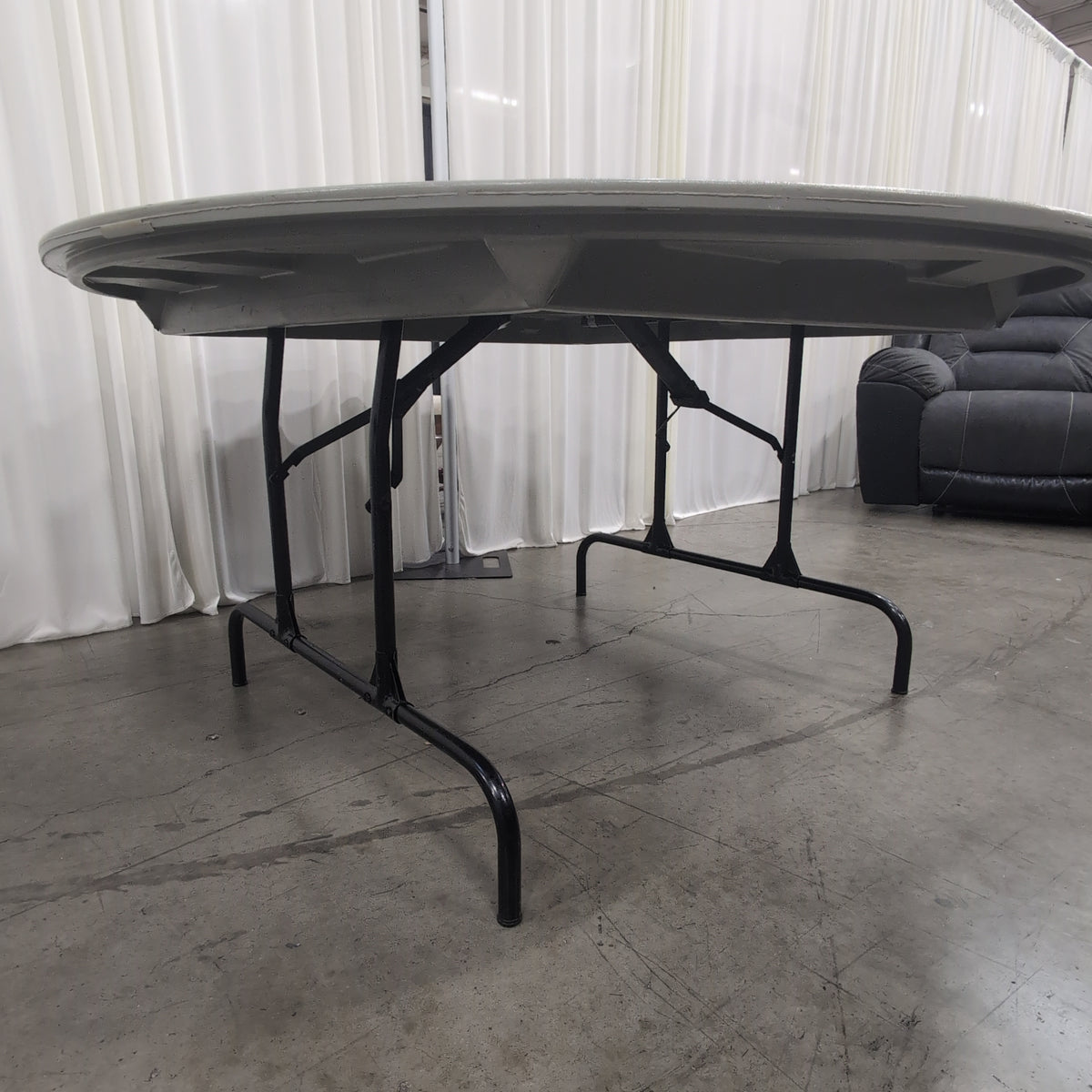 Round Grey Plastic Folding Table with Black Metal Legs