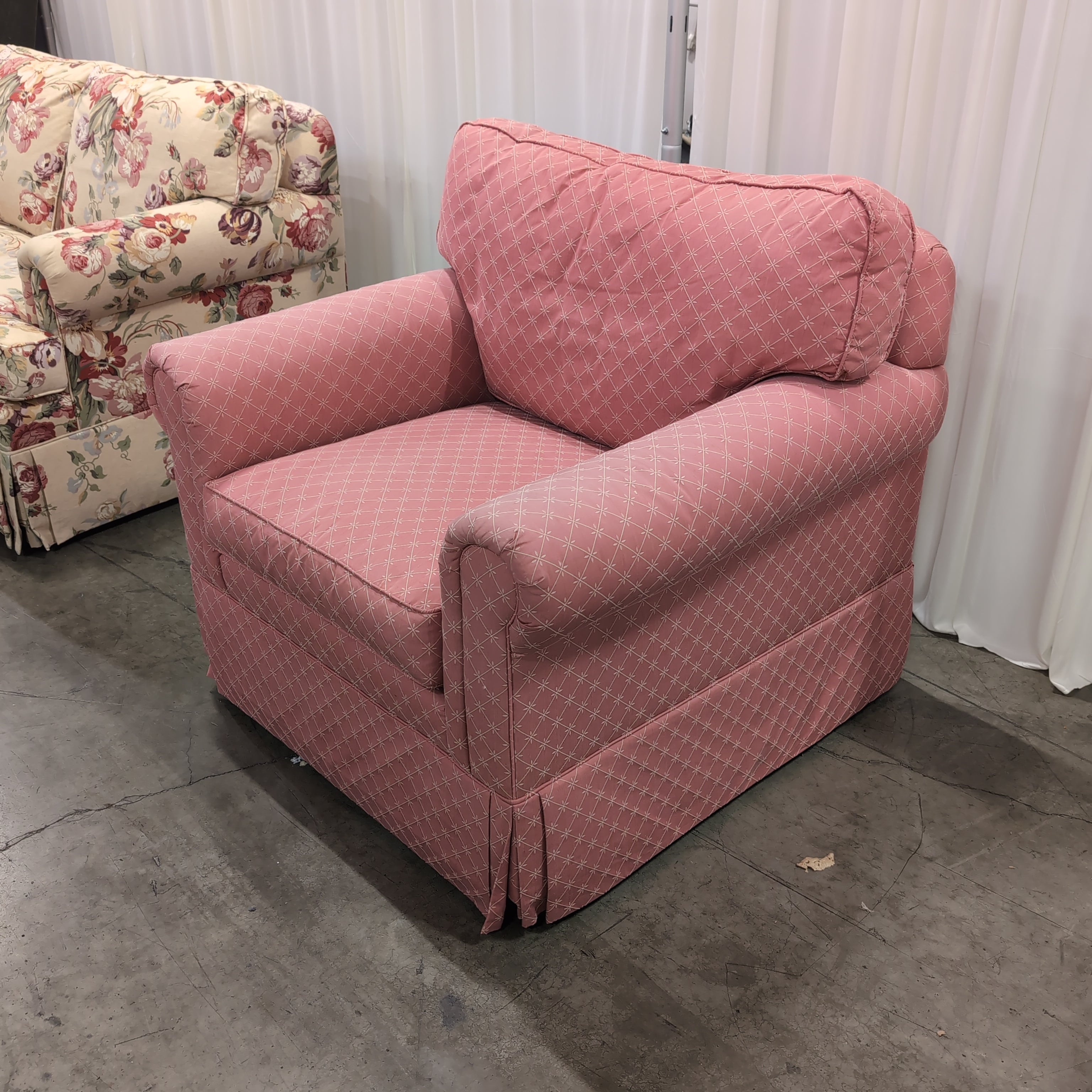 Ethan Allen Pink Geometric Pattern Armchair with Rolled Arms
