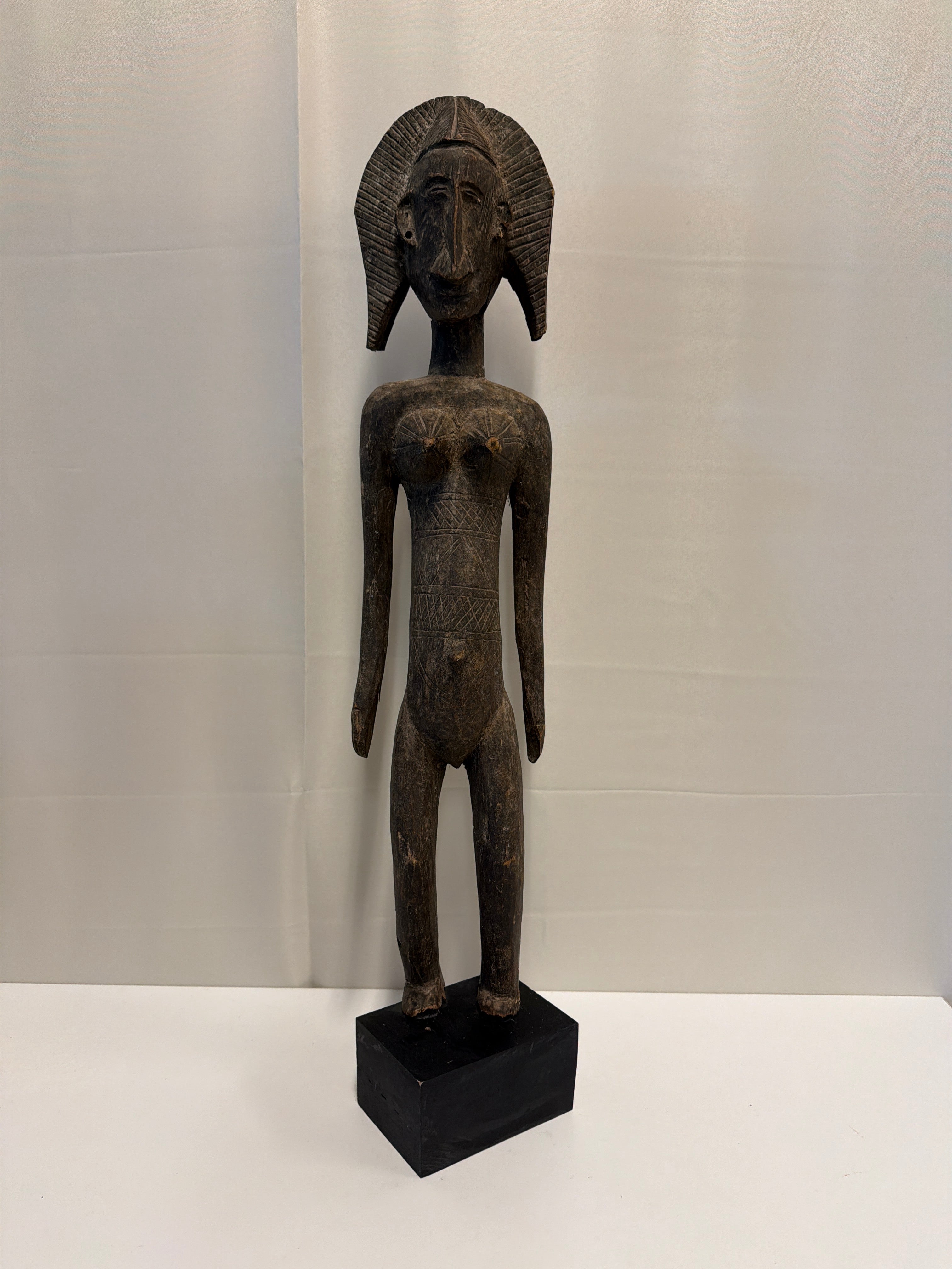 Hand Carved African Tall Bambara Standing Wooden Female Figure Sculpture