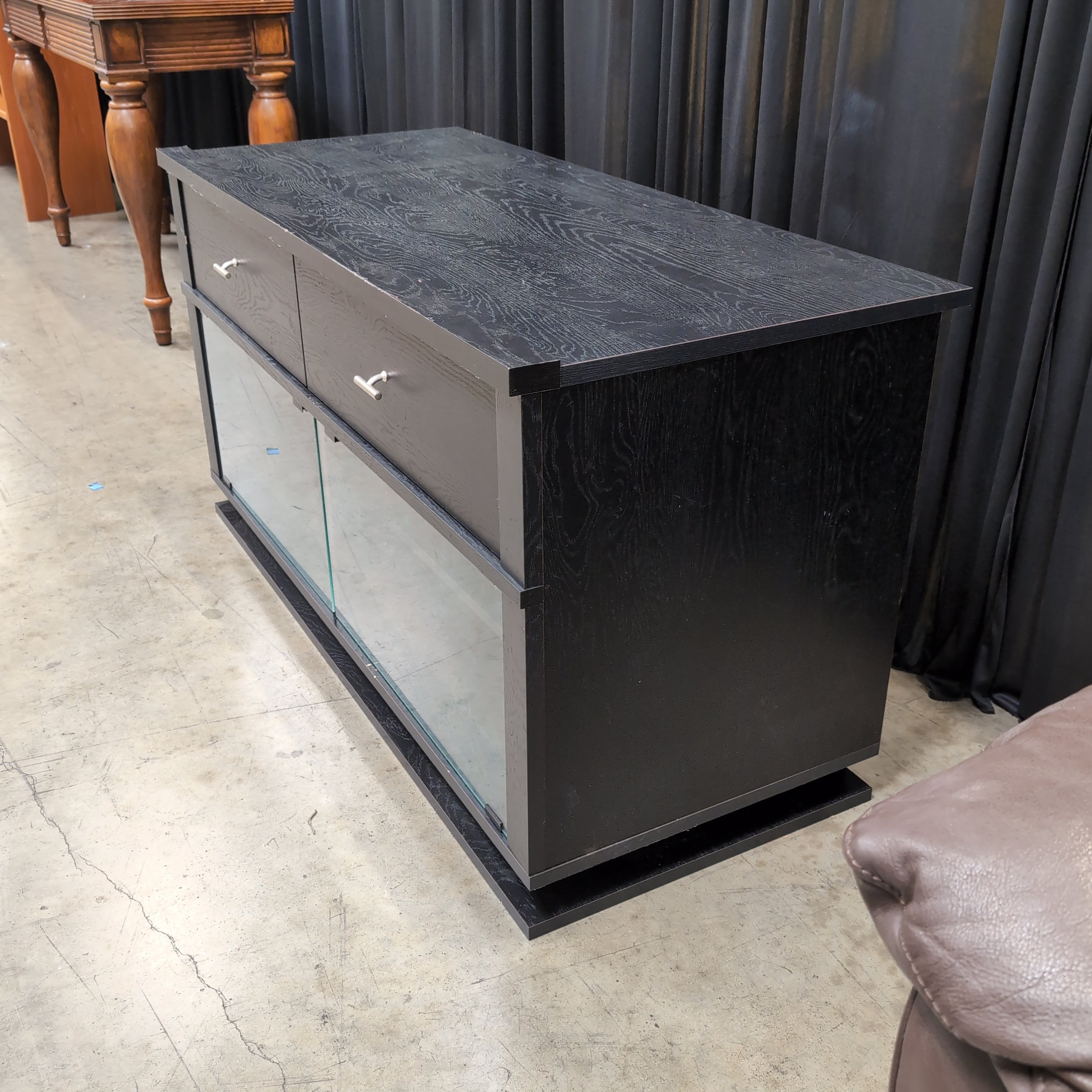 Dark Wood Grain TV Stand with Glass Doors