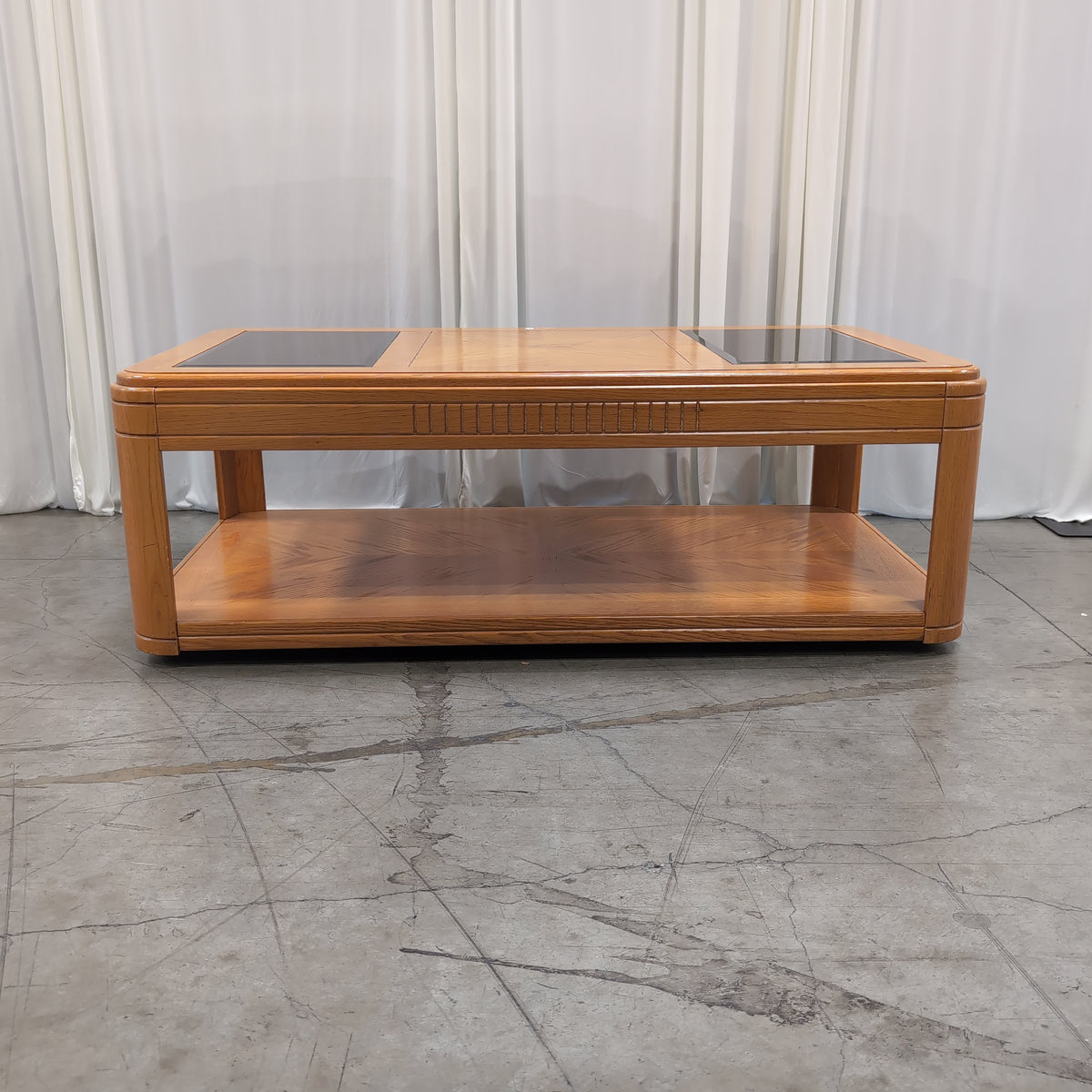 Rectangular Blonde Wood Coffee Table with Glass Inserts