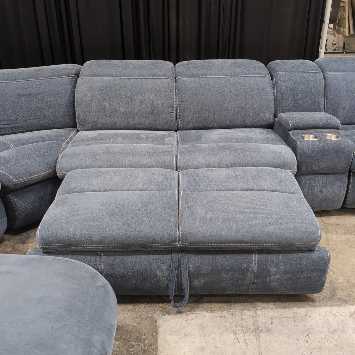 Slate Blue Fabric Reclining Sectional Couch with Cupholders