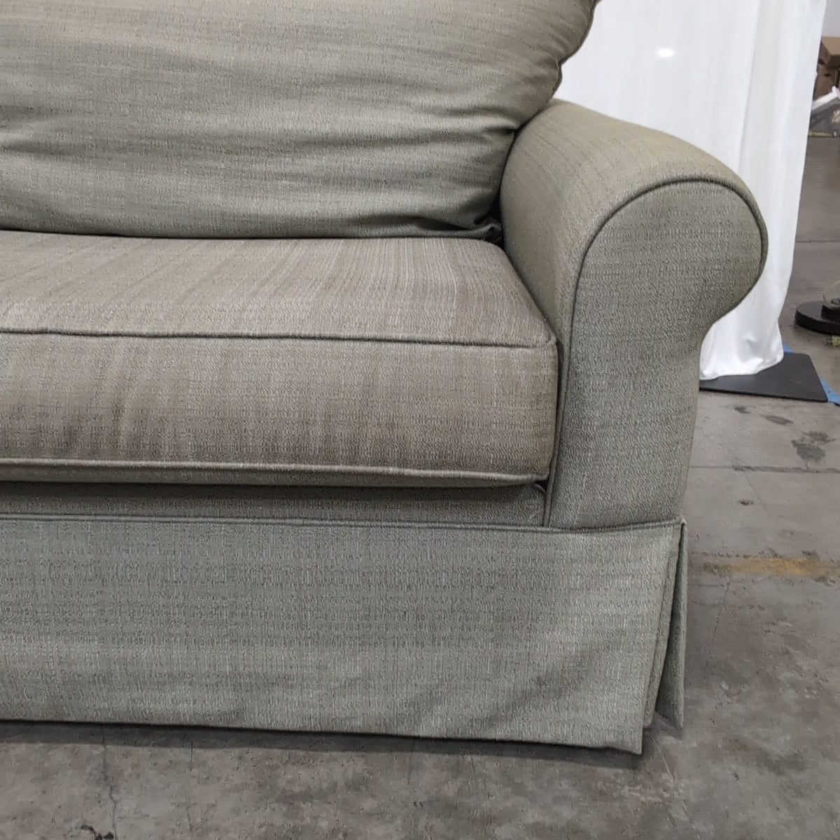 Light Olive Rolled Arm Couch with Skirted Base