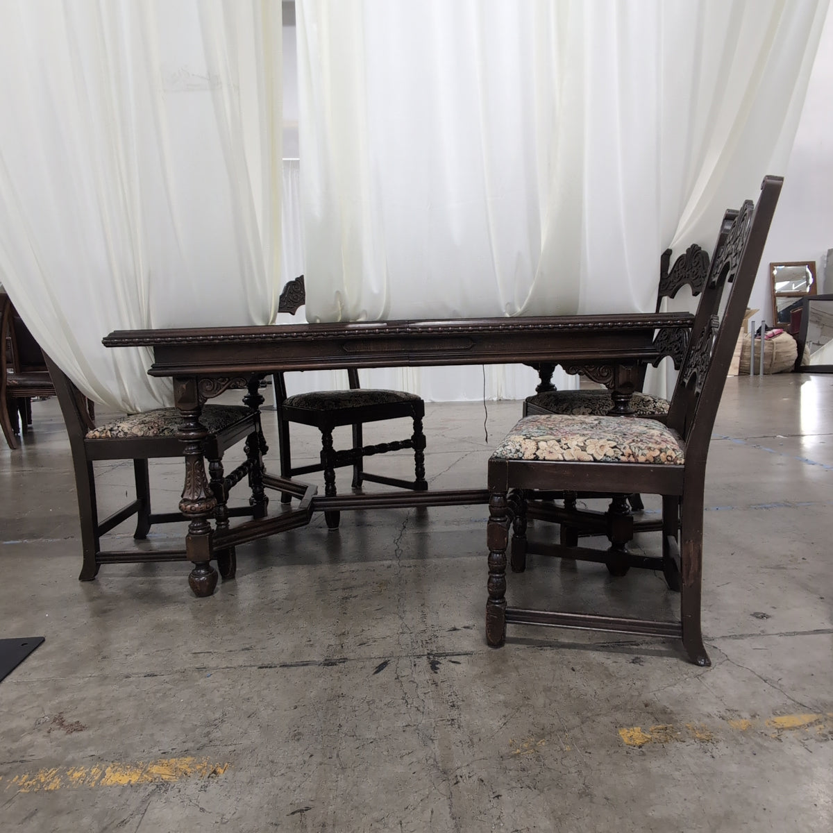 Traditional Dark Wood Dining Table with Upholstered Chairs